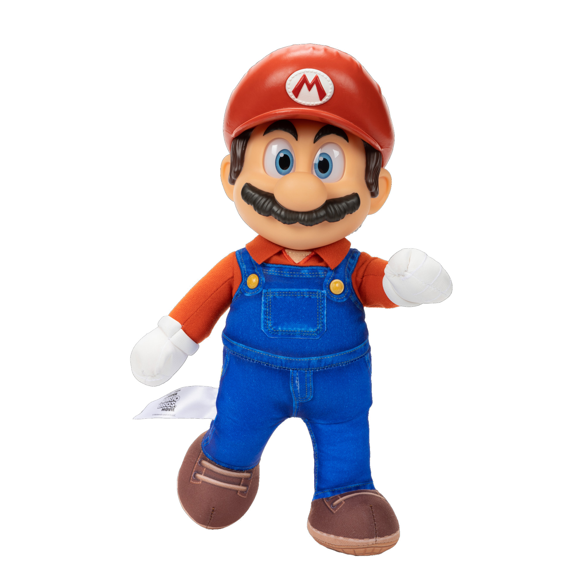 Mario Plüschtier. Mario trägt seine rote Kappe und blaue Latzhose. Er hat einen schwarzen Schnurrbart.