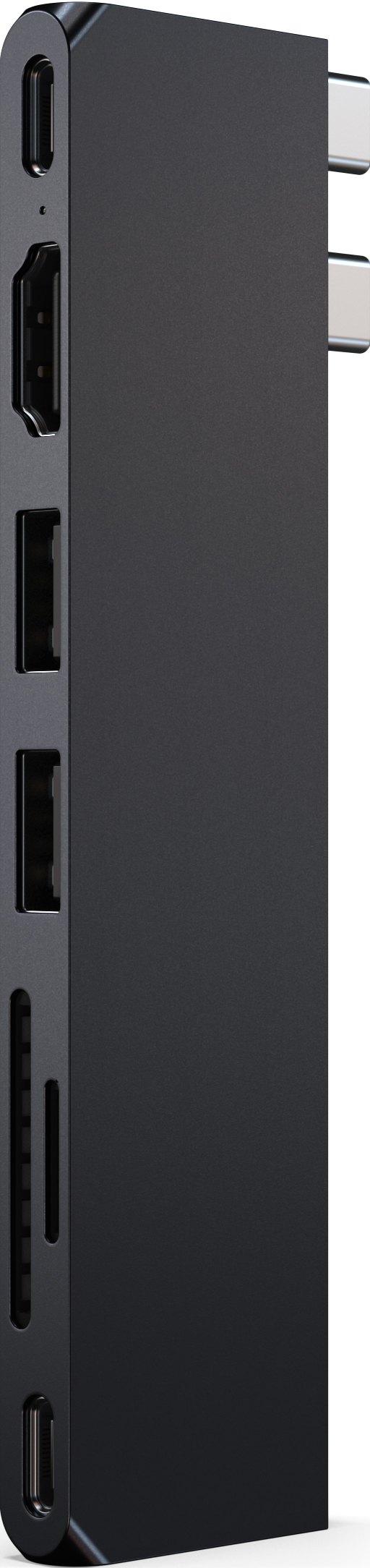 Schwarzer Multiport-Adapter mit verschiedenen Anschlüssen: HDMI, USB, SD-Kartenleser und USB-C. Seitenansicht.