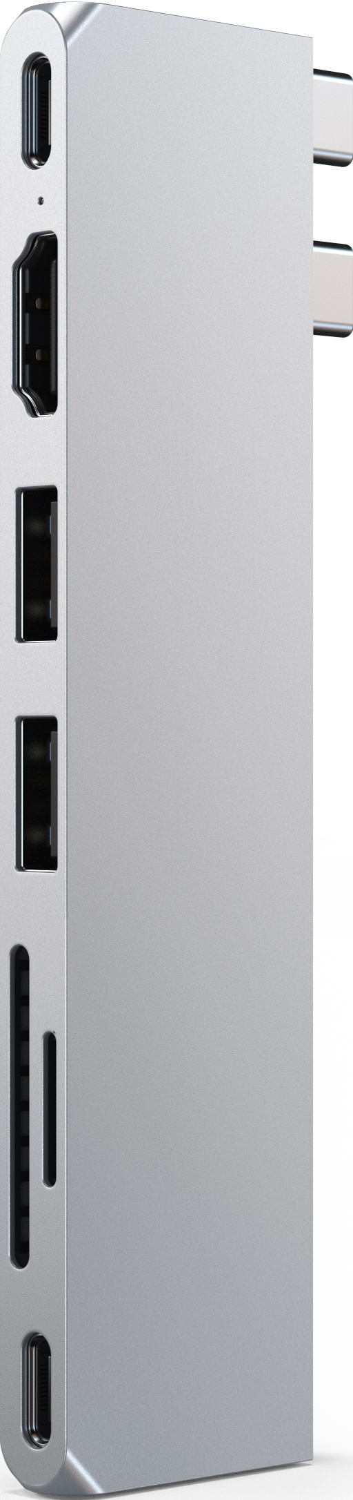 Silberner Hub mit mehreren Anschlüssen. Zeigt USB, HDMI und andere Verbindungen.