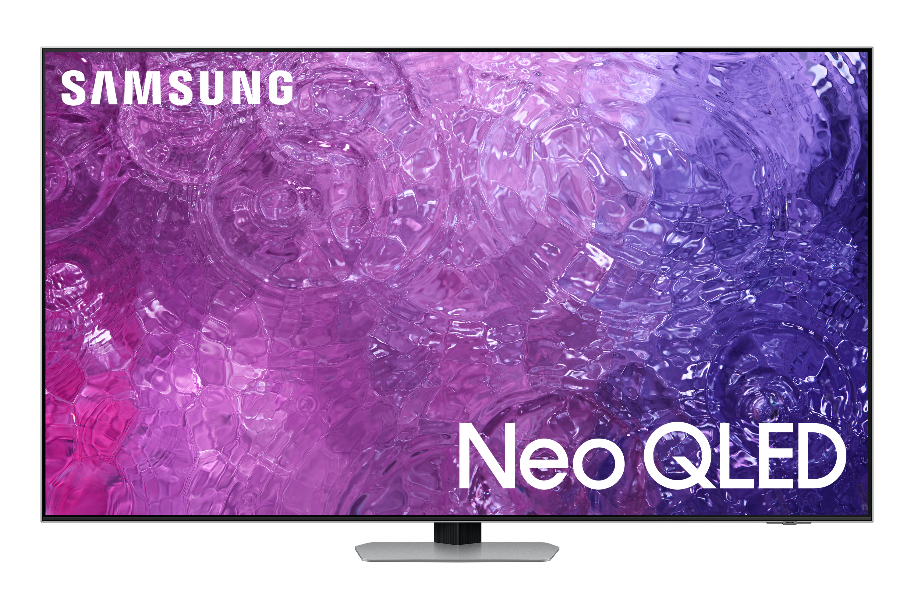Samsung Neo QLED TV mit einem purpur-blauen abstrakten Bild.