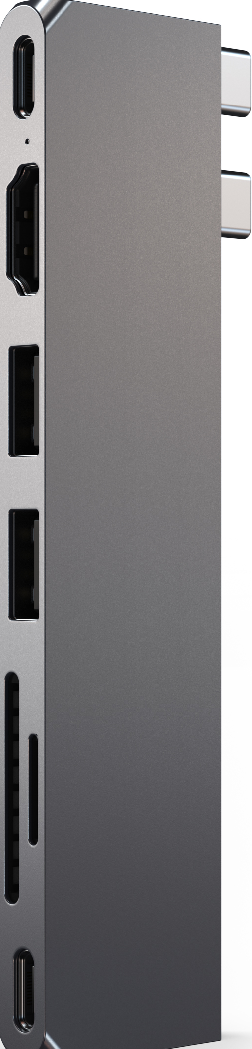 Silberner Multiport-Adapter mit verschiedenen Ein-/Ausgangsanschlüssen.