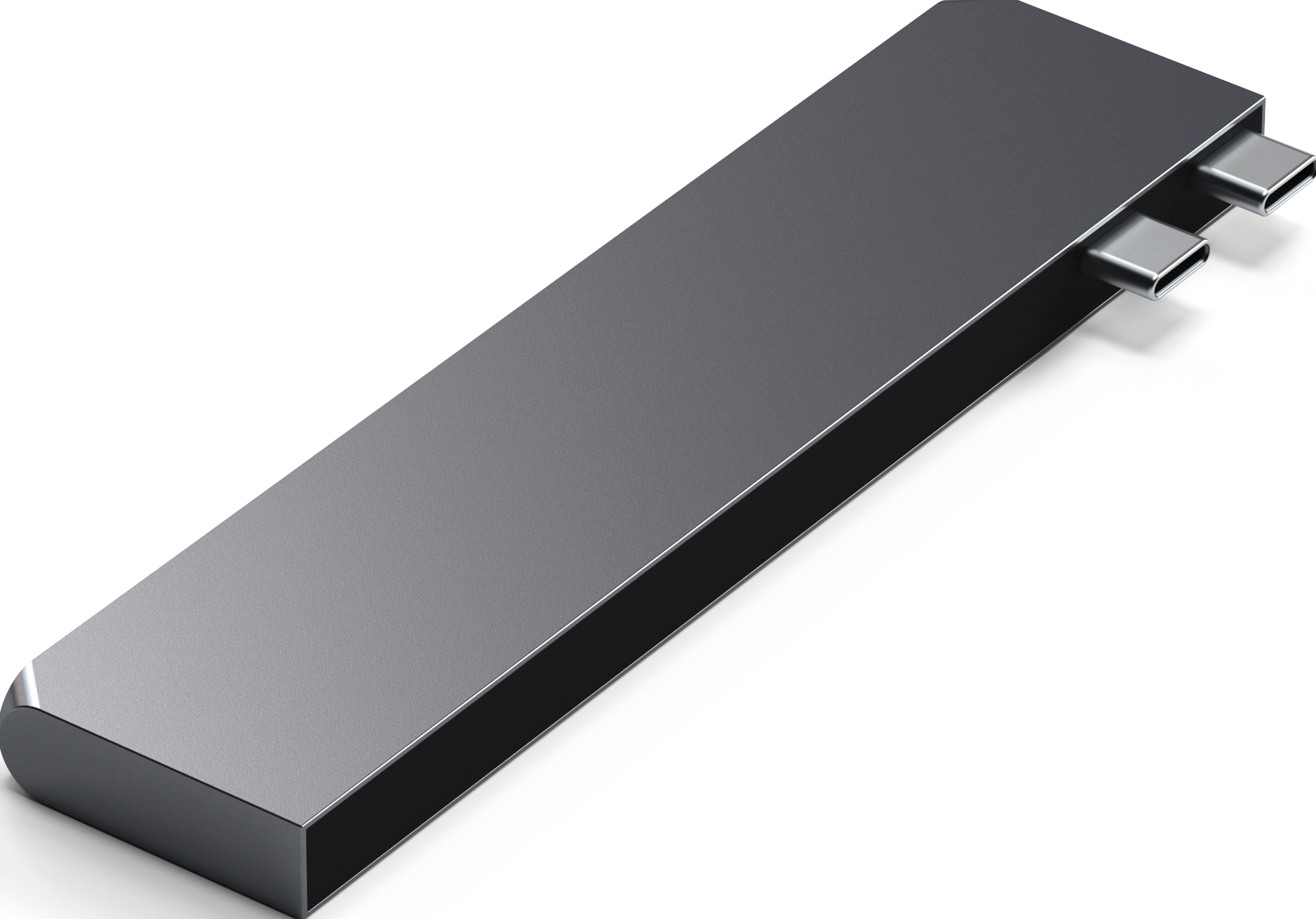 Ein dunkelgraues, rechteckiges, metallisches Gerät mit zwei USB-C-Anschlüssen an einem Ende.