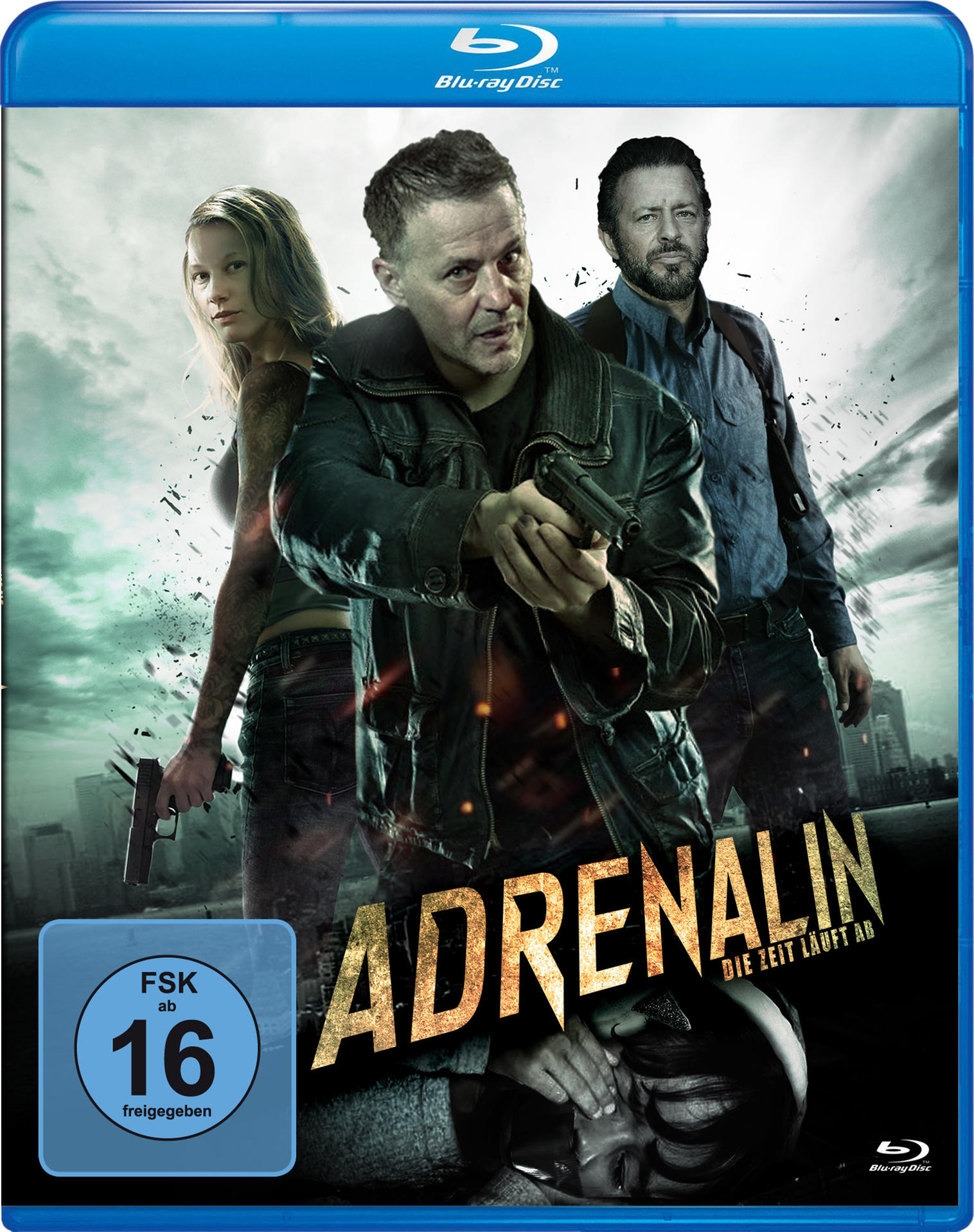 Blu-ray-Cover eines Films mit drei Personen, die eine Waffe halten, Titel 'Adrenalin'.