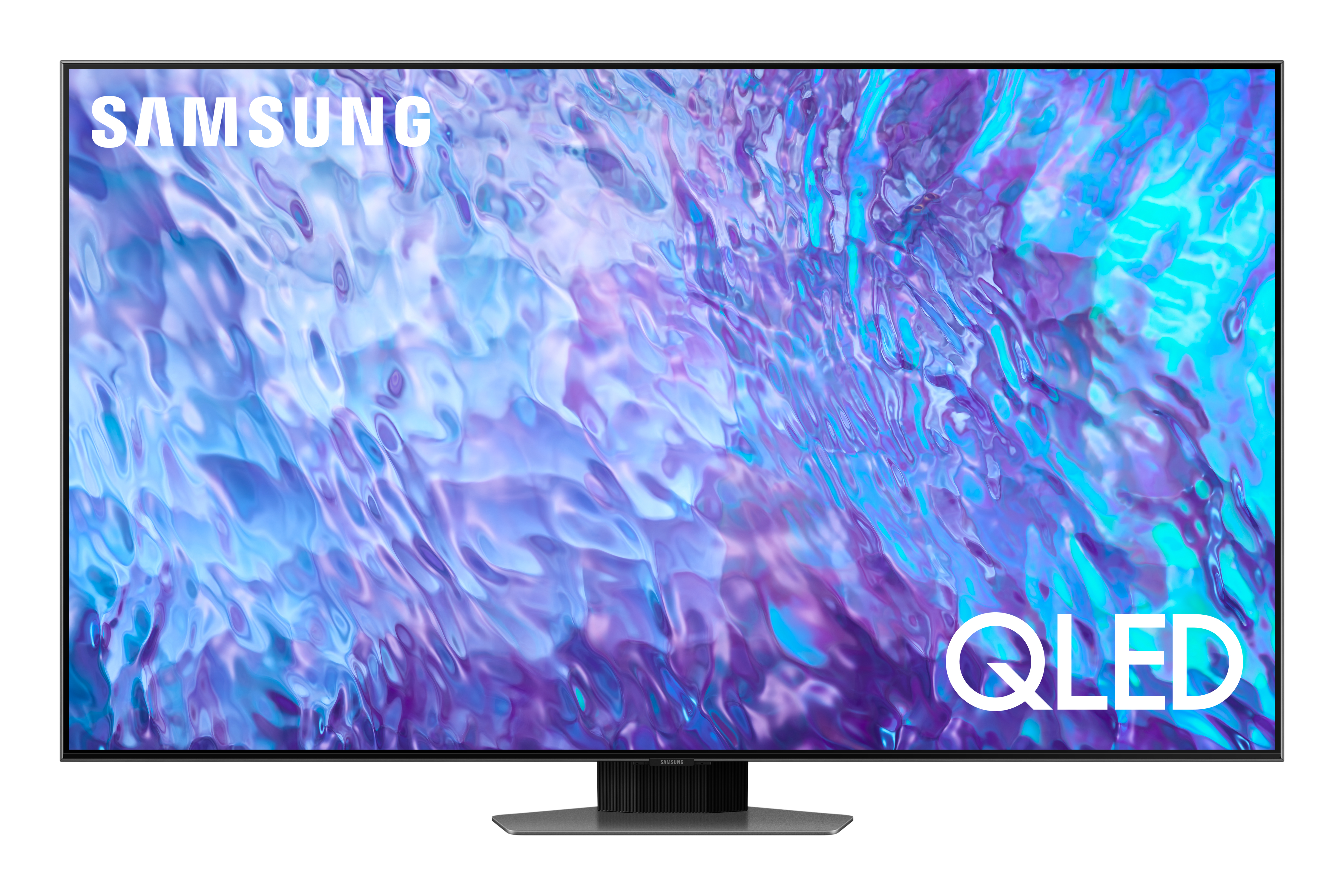 Ein großer Samsung QLED-Fernseher mit minimalistischem Ständer, auf weißem Hintergrund.
