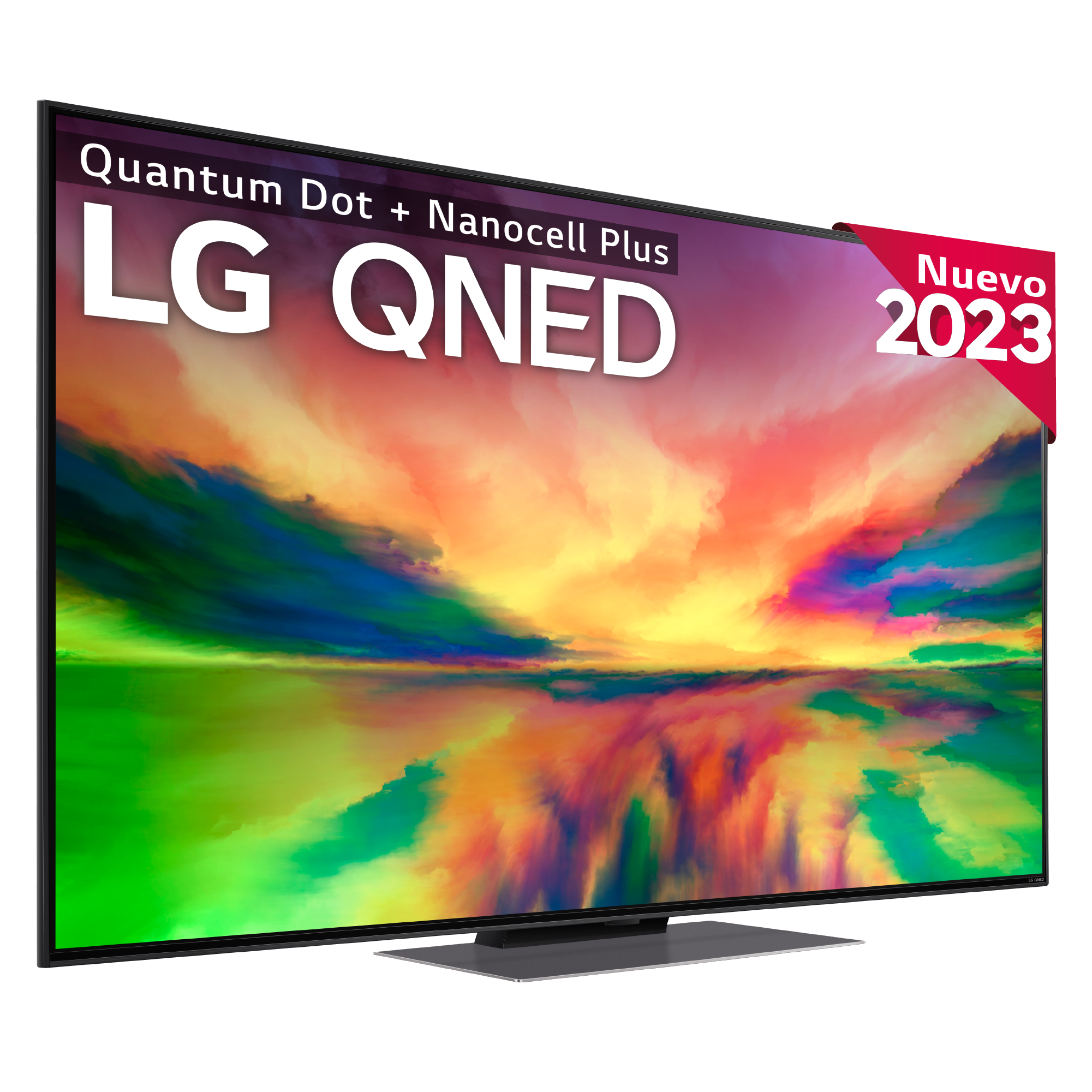 Un televisor LG QNED grande sobre un fondo negro. Texto en la pantalla dice 'Quantum Dot + Nanocell Plus' y 'LG QNED'.