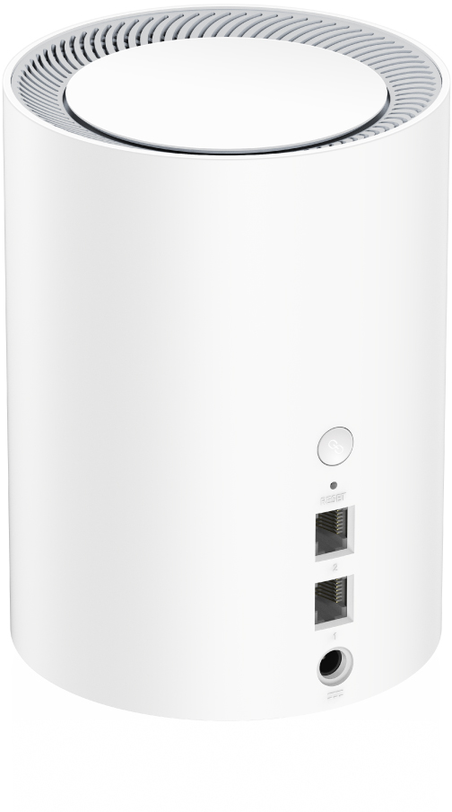 Fehér, hengeres router szürke tetővel. Alul reset gomb, portok és tápbemenet található.