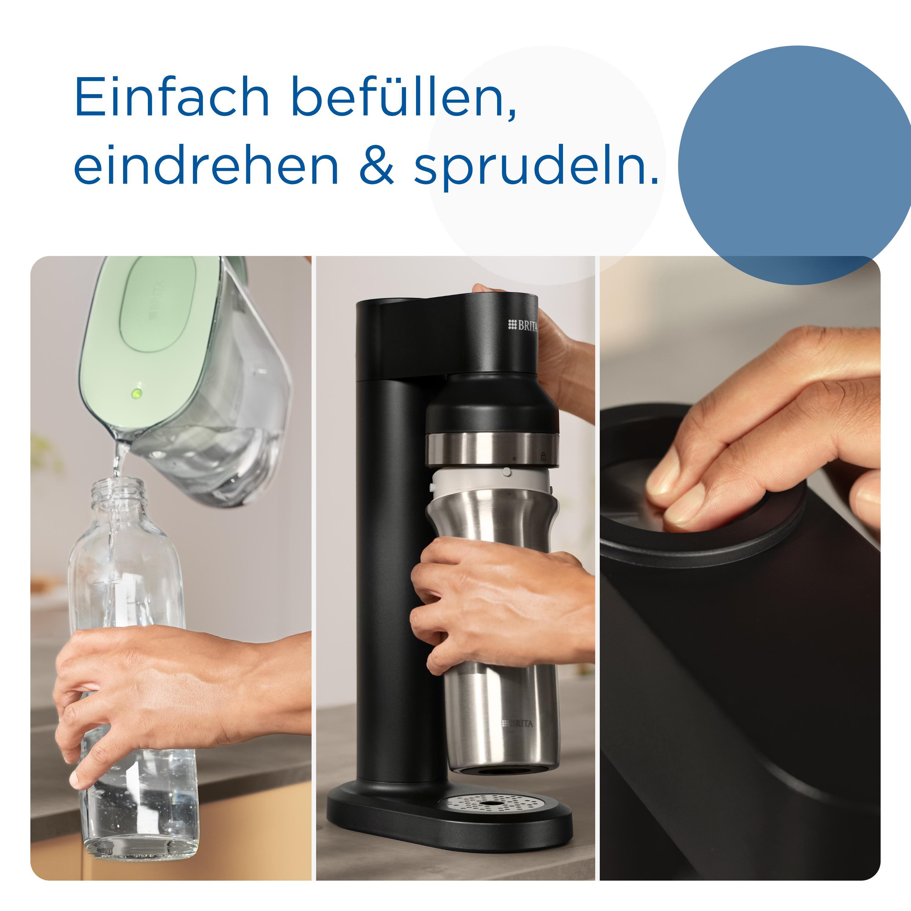 Eine Person gießt Wasser in eine Flasche, einen Brita Soda Maker und eine Hand, die einen Knopf drückt.