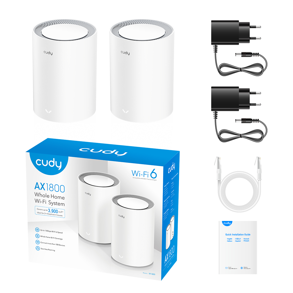 Fehér Cudy Wi-Fi 6 rendszerkomponensek: routerek, adapterek és kábelek fehér háttéren.