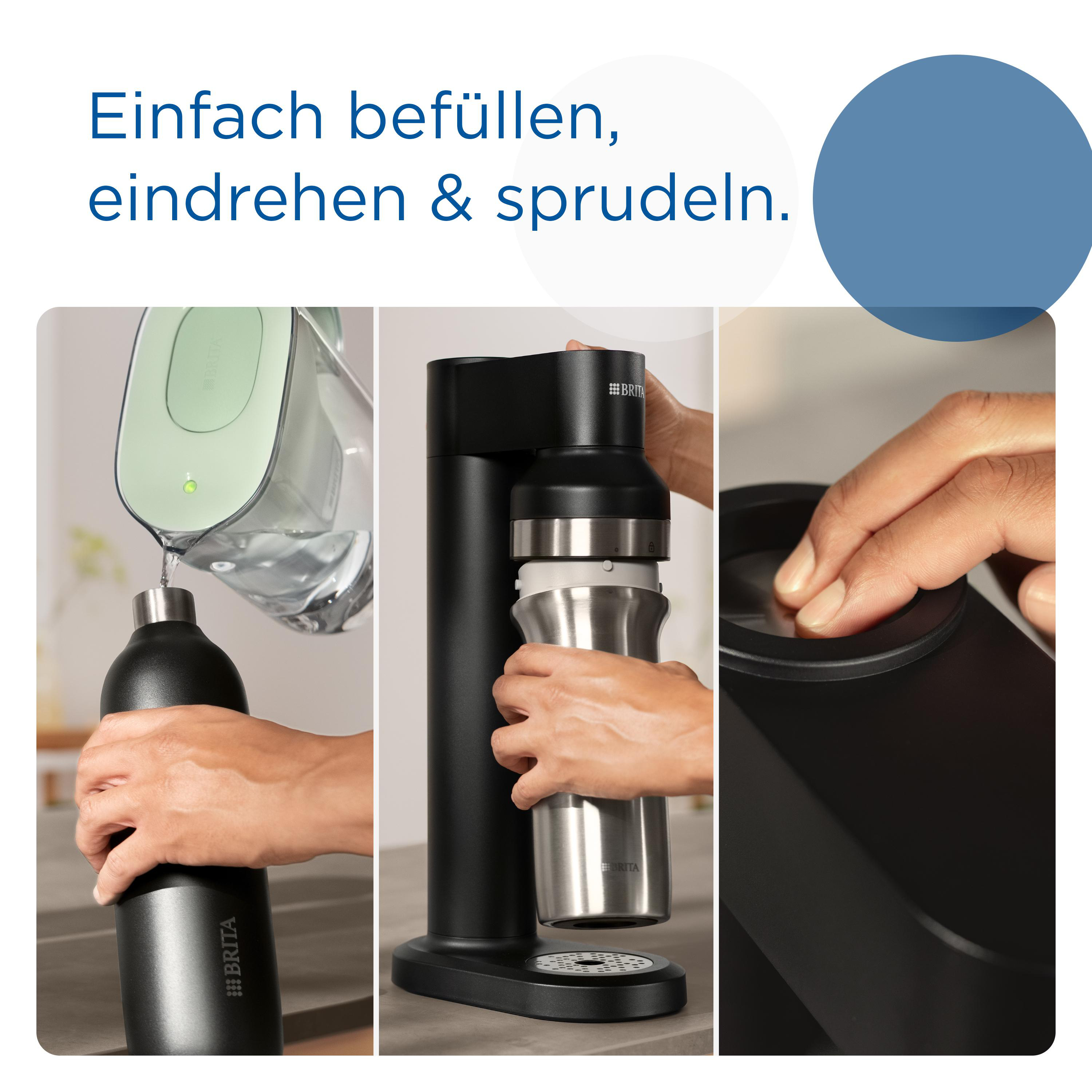 Drei Bilder zeigen eine Person, die eine Flasche mit Wasser füllt, eine Maschine und eine Nahaufnahme.