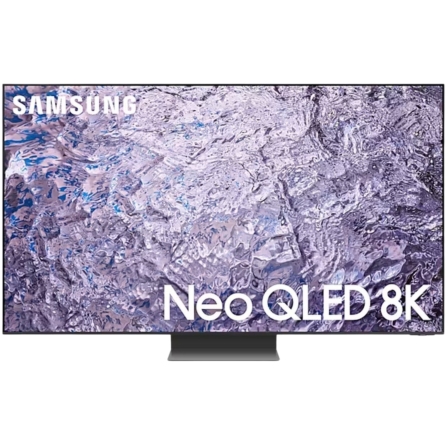 Un téléviseur Samsung Neo QLED 8K. L'écran affiche un motif abstrait tourbillonnant dans des tons de bleu, blanc et gris.