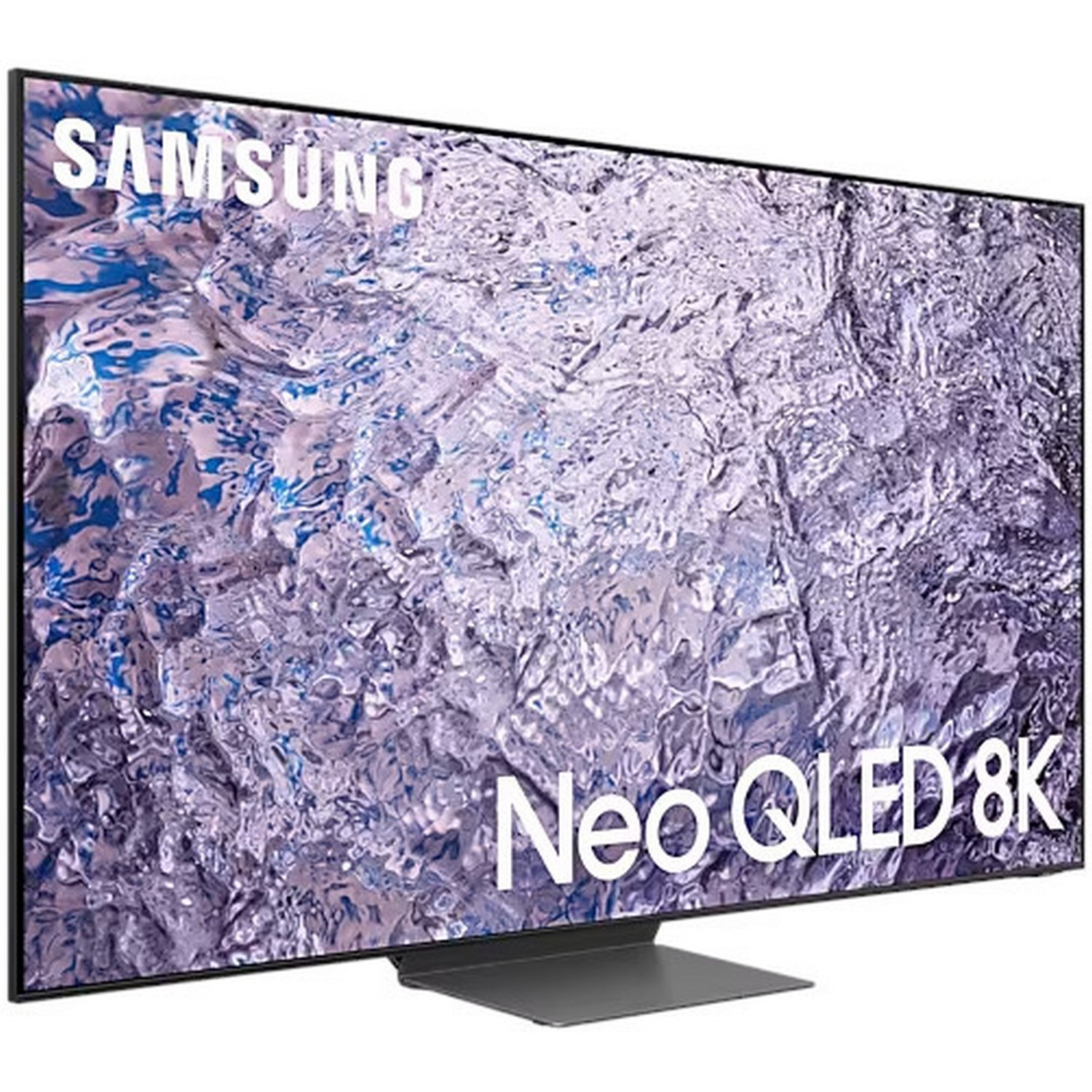 Un téléviseur Samsung Neo QLED 8K. L'écran affiche un motif abstrait. La marque et le modèle sont visibles.