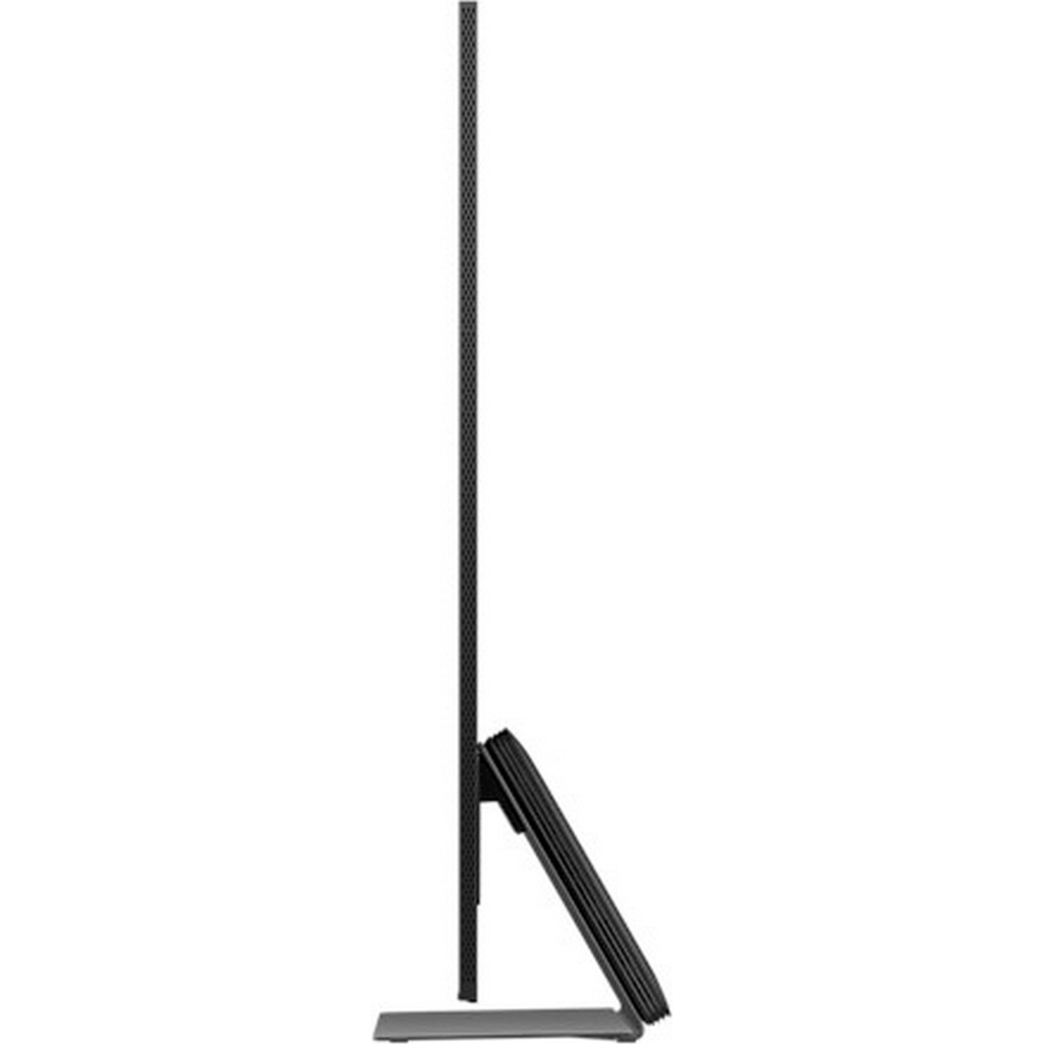Vue latérale d'un moniteur noir. L'écran est fin avec un dos à motifs, soutenu par un support à base rectangulaire.