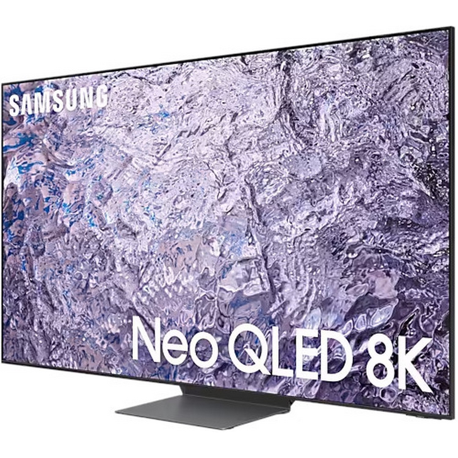Un téléviseur Samsung Neo QLED 8K. L'écran affiche un motif texturé de violets et de blancs. Le support est gris. La marque est visible.