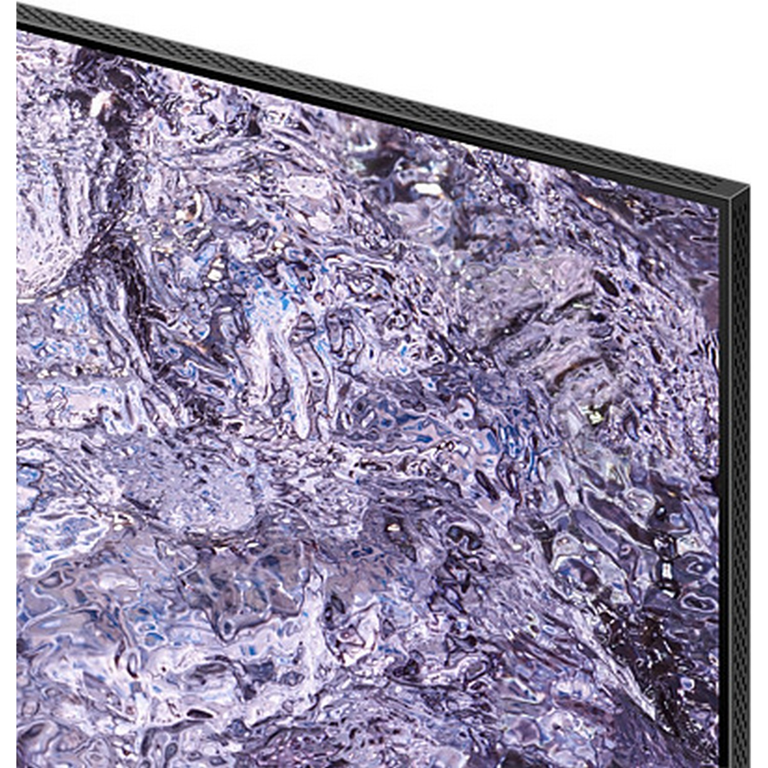 Gros plan d'un écran de télévision. L'écran affiche un motif abstrait tourbillonnant dans des tons violets, bleus et argentés. Le cadre est noir.