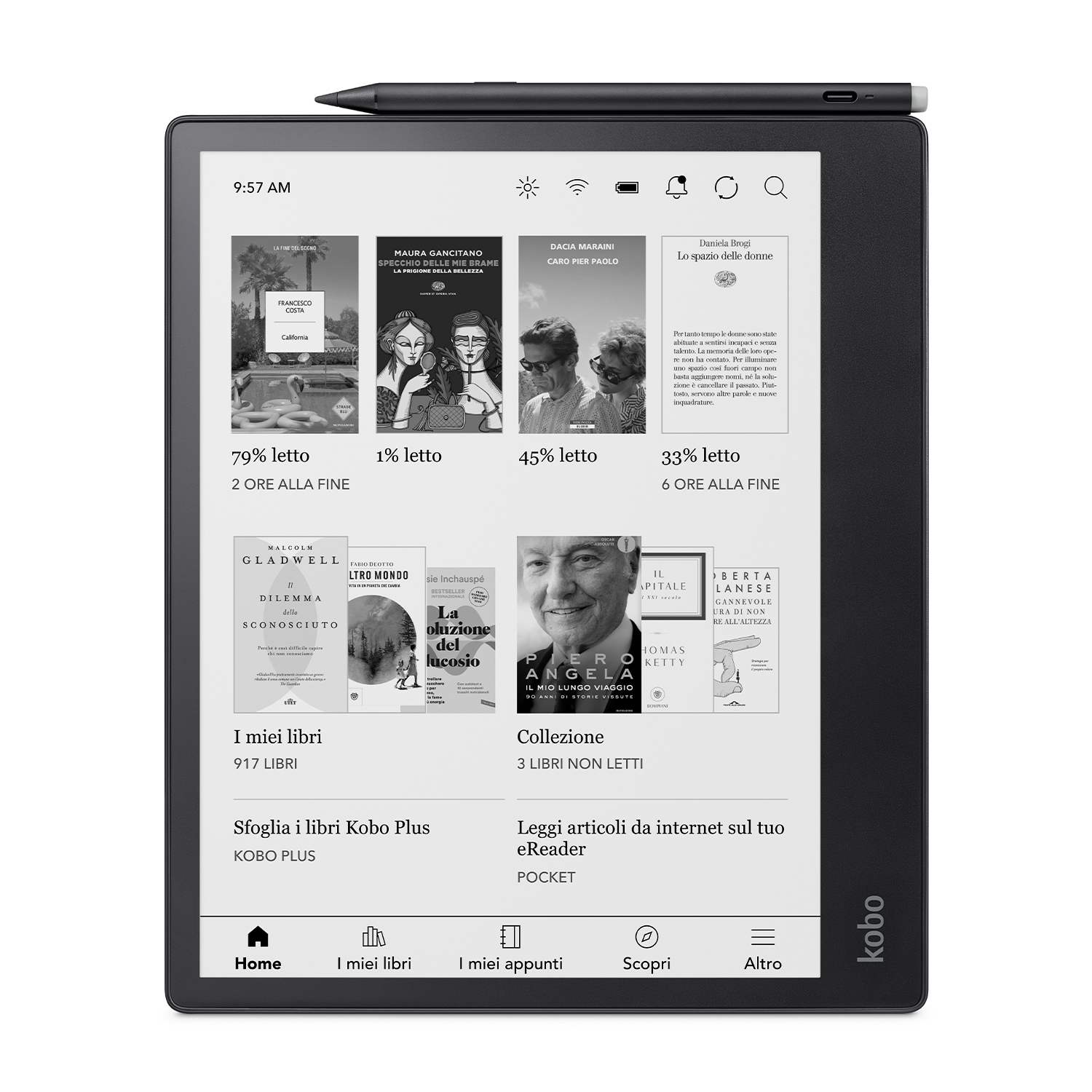 Un e-reader Kobo con diverse copertine di libri visualizzate sullo schermo, nero con uno stilo nero.