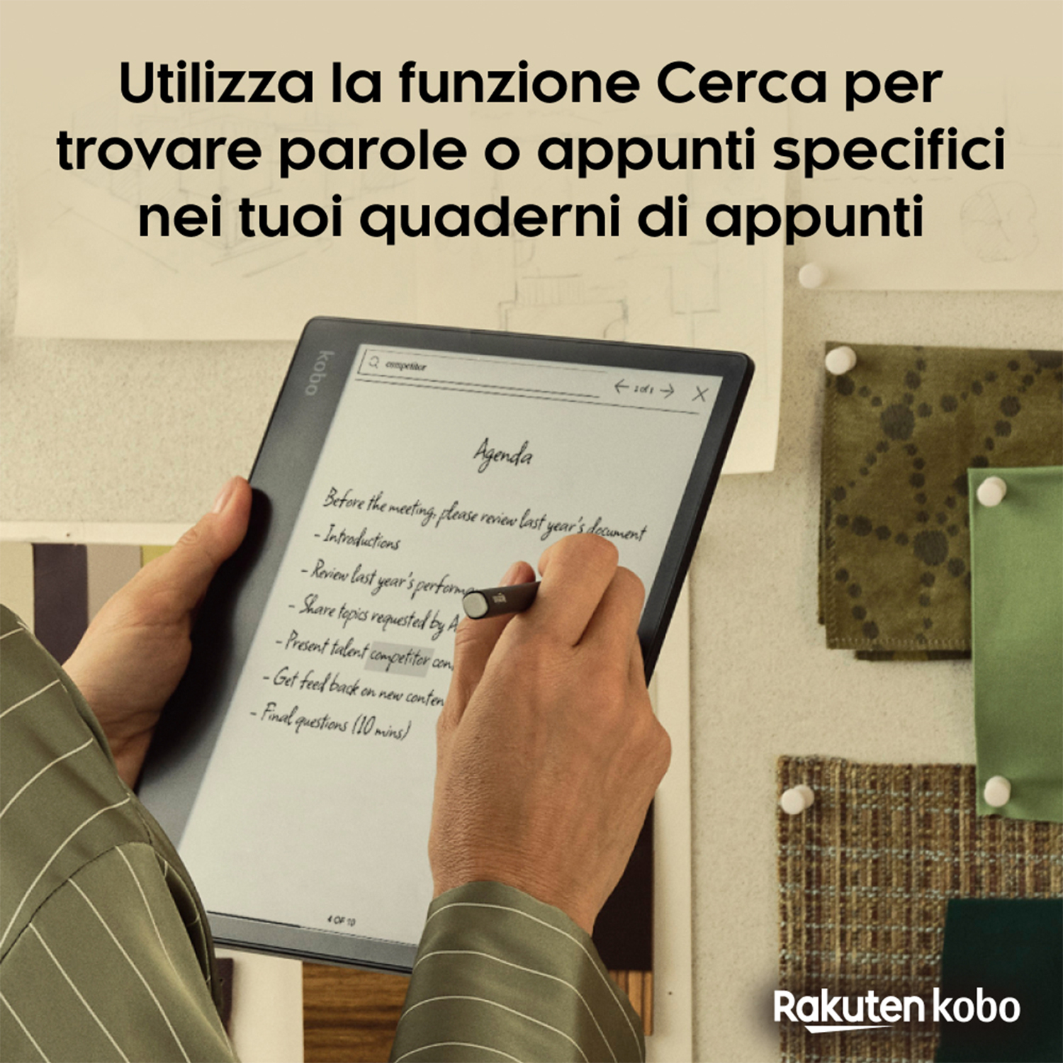 Persona che utilizza un tablet. Il tablet mostra un documento con la parola "Agenda" e delle note.