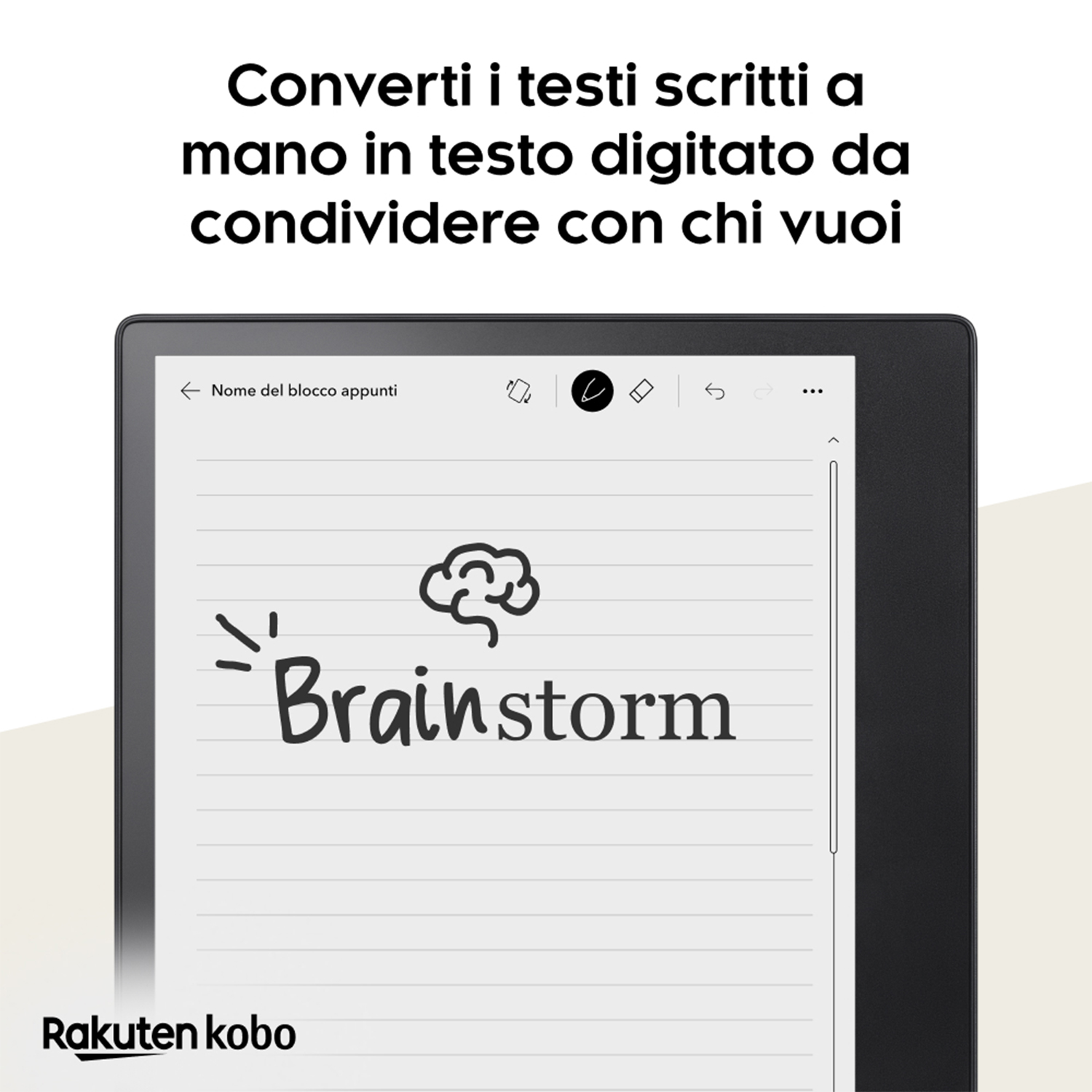 Schermo tablet con testo scritto a mano, con un disegno di un cervello.