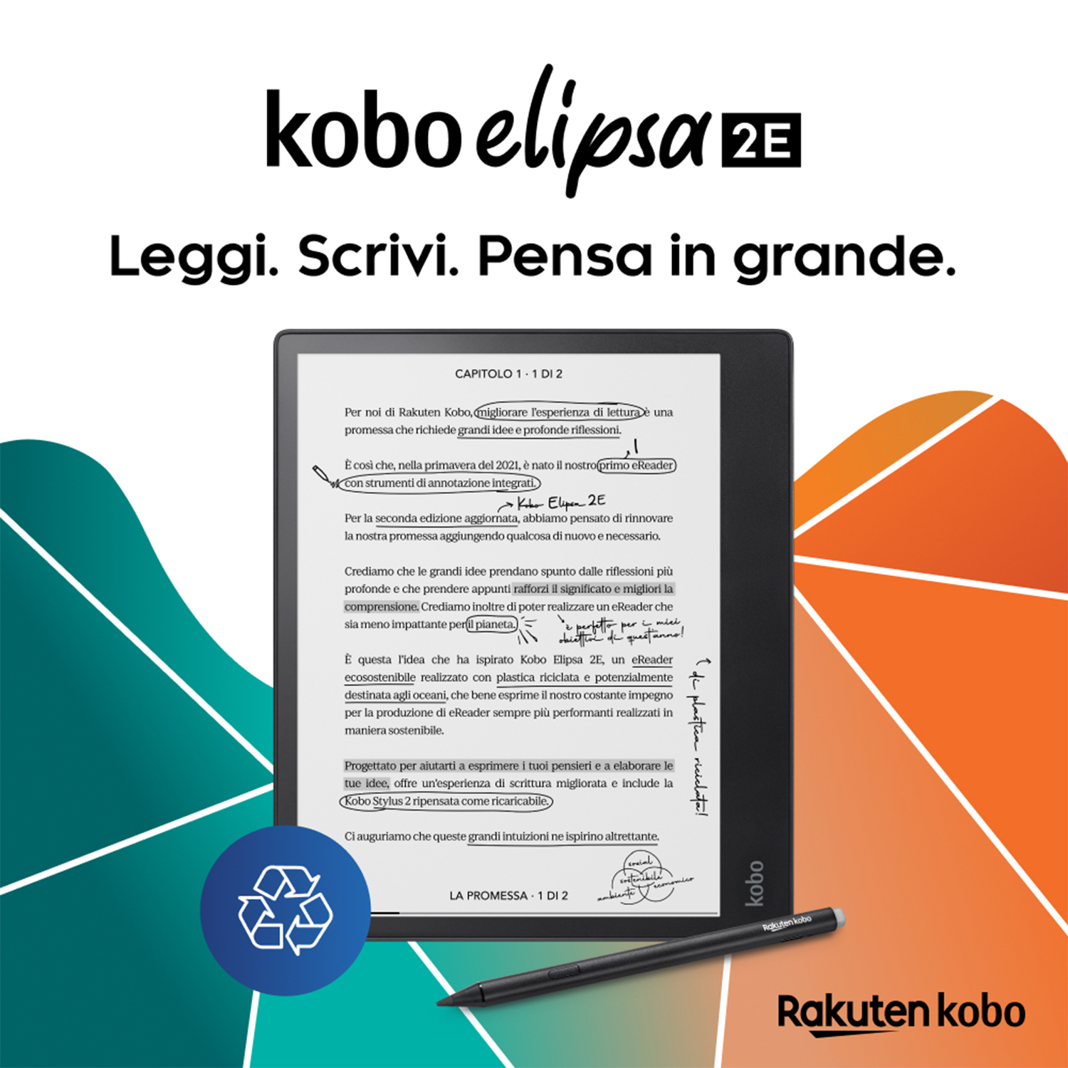 Lettore e-book nero con testo su sfondo sfumato. Testo: 'kobo elipsa 2E' e 'Leggi. Scrivi. Pensa in grande'.