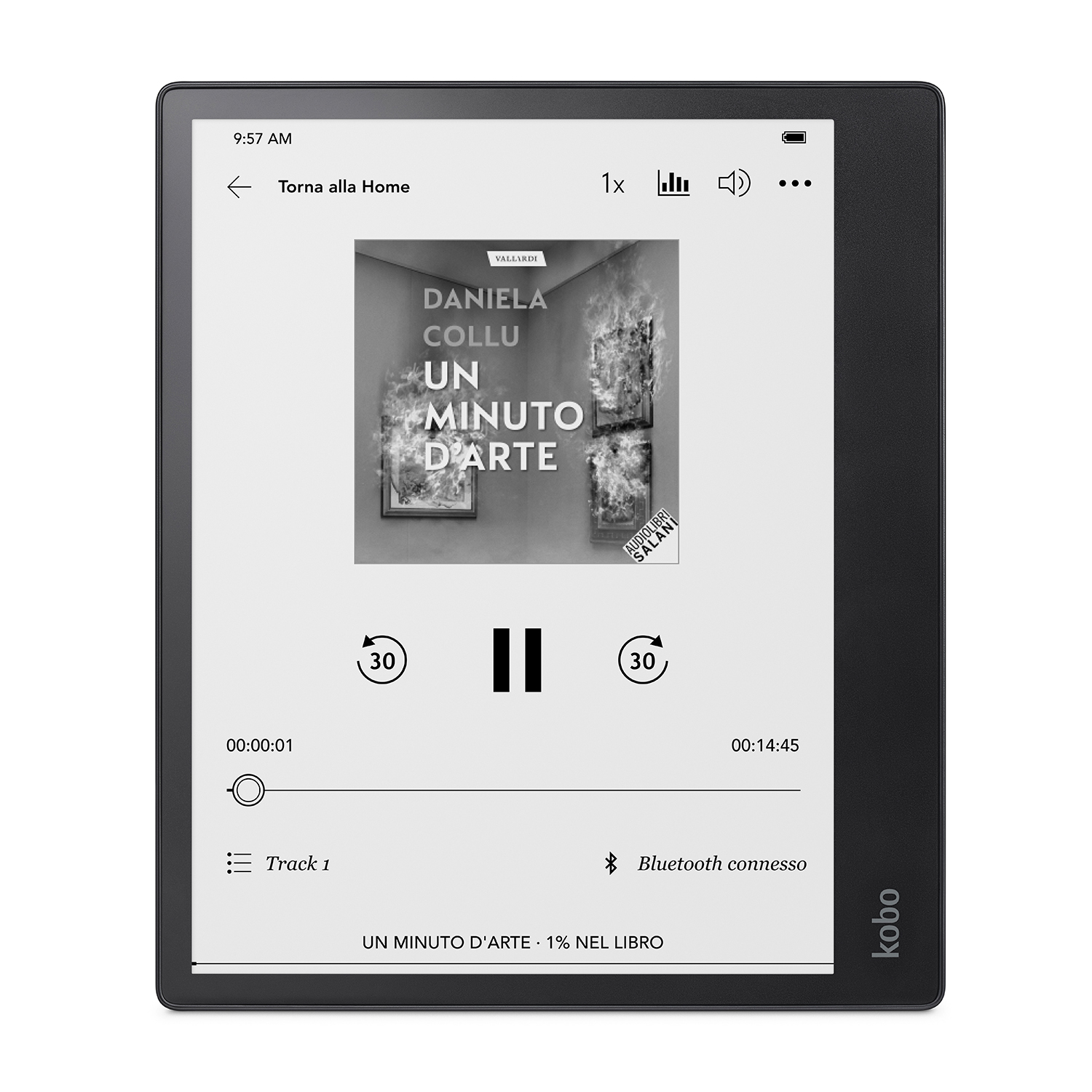 Un e-reader che mostra testo e un'interfaccia di controllo della riproduzione per un audiolibro.
