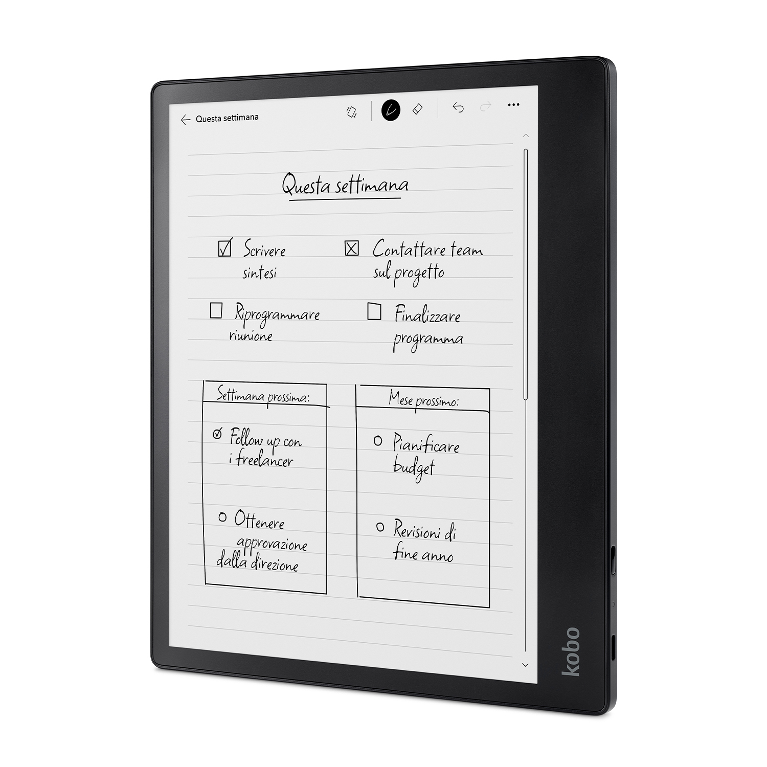 Un e-reader nero che mostra una lista di cose da fare con note manoscritte e caselle di controllo.