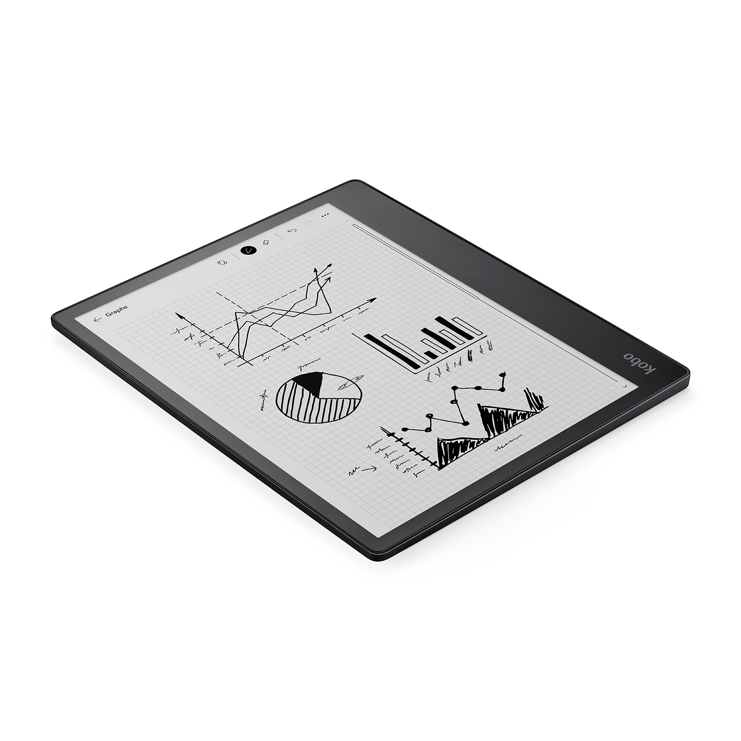 Un tablet mostra grafici e diagrammi con uno stilo, angolato su una superficie bianca.
