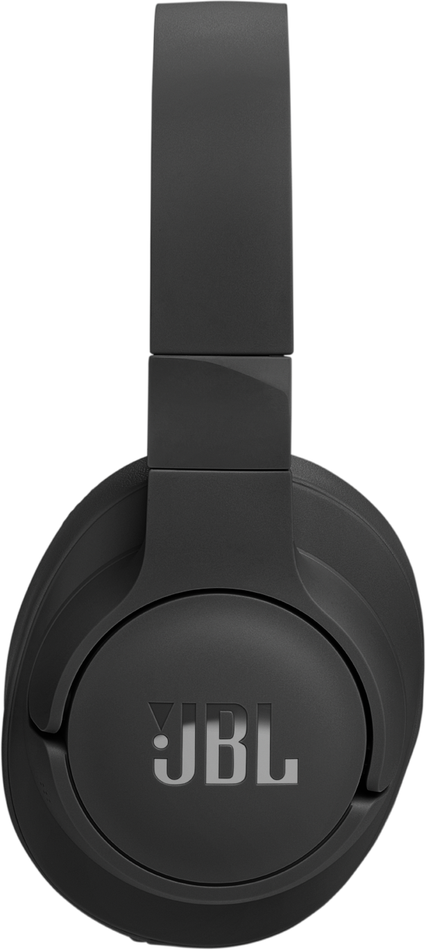 Casque JBL noir. Les oreillettes sont ovales, avec le logo JBL en argent.
