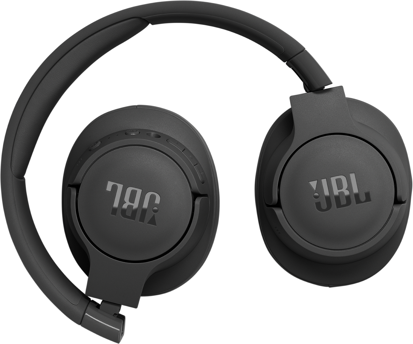 Casque JBL noir, plié, avec logos JBL visibles sur les écouteurs.