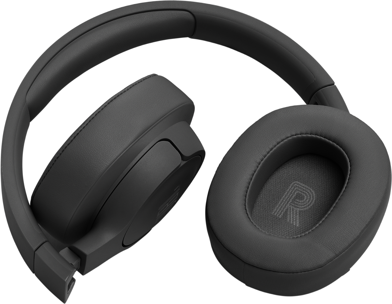 Casque noir avec un design d'écouteur circulaire. Les écouteurs sont pliés vers l'intérieur, reposant sur une surface noire.