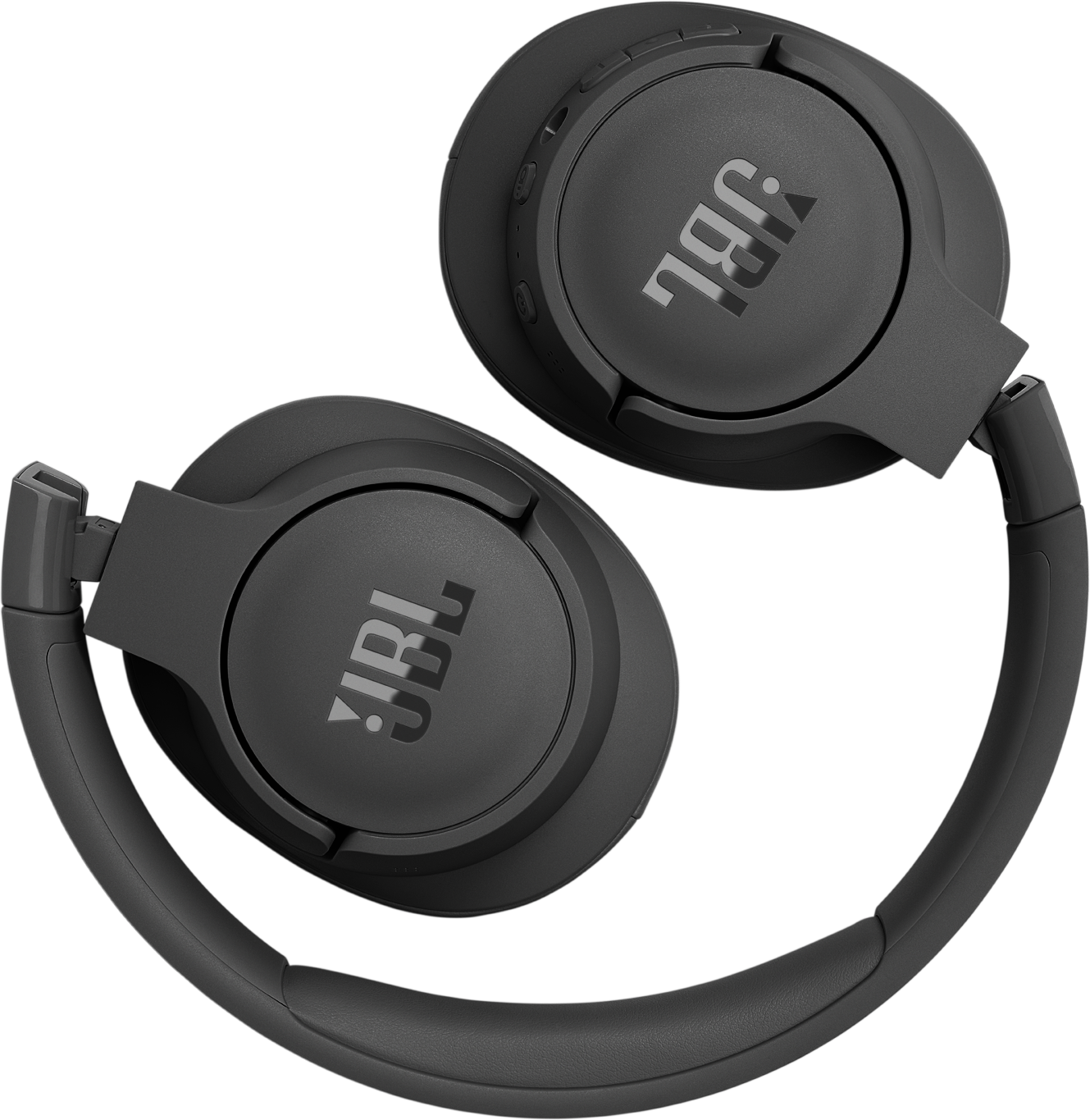 Casque JBL noir, plié, sur fond noir, incliné d'en haut.