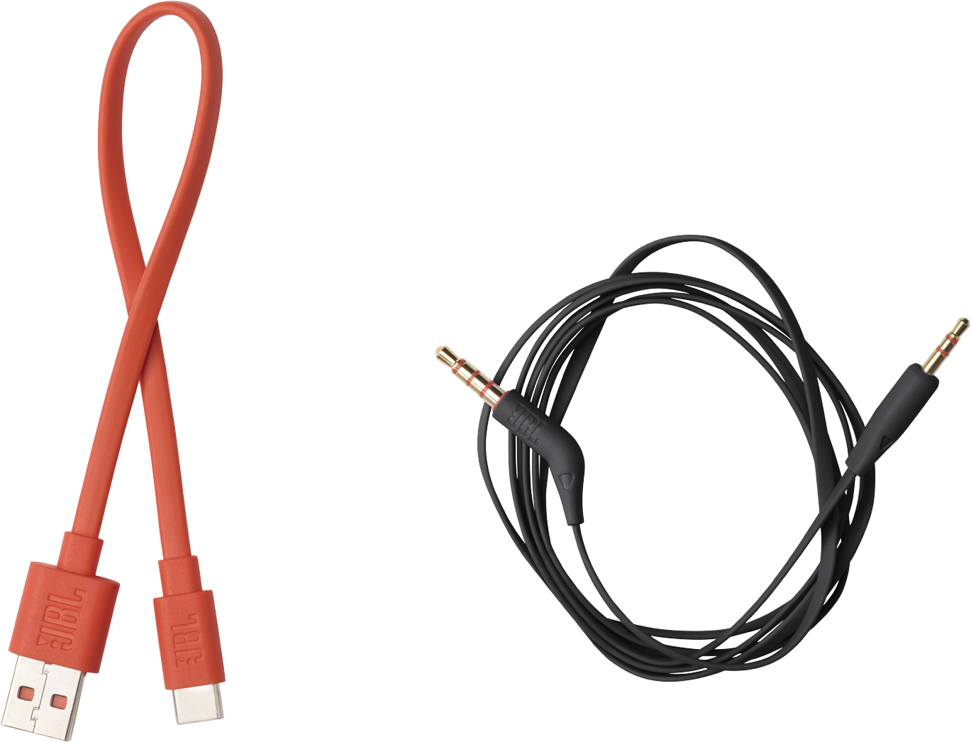 Deux câbles, un câble USB rouge et un câble audio noir avec des connecteurs dorés, sur fond noir.