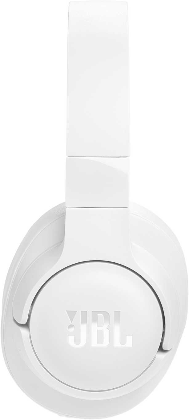 Une paire d'écouteurs JBL blancs, vue de dessus. Le logo JBL est visible sur l'écouteur.