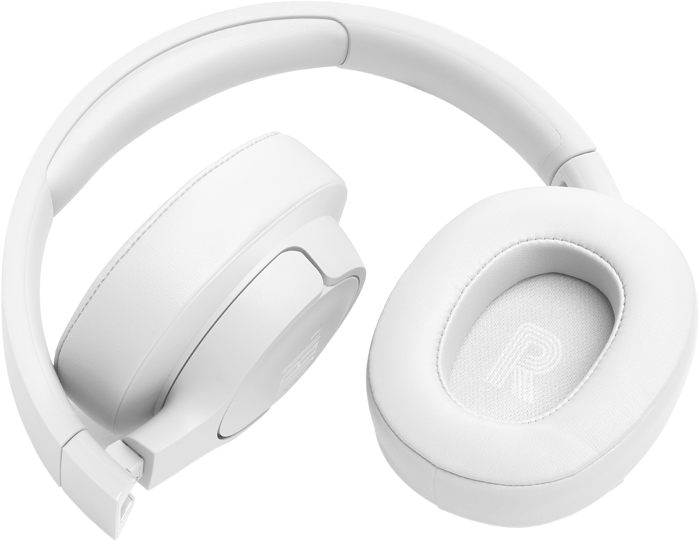Casque blanc, plié, avec les écouteurs vers le haut.