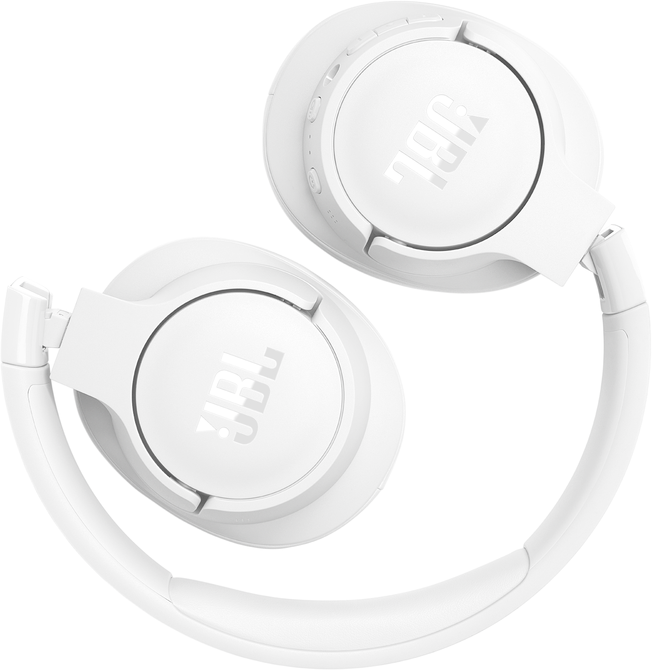 Casque JBL blanc, plié, sur fond noir.
