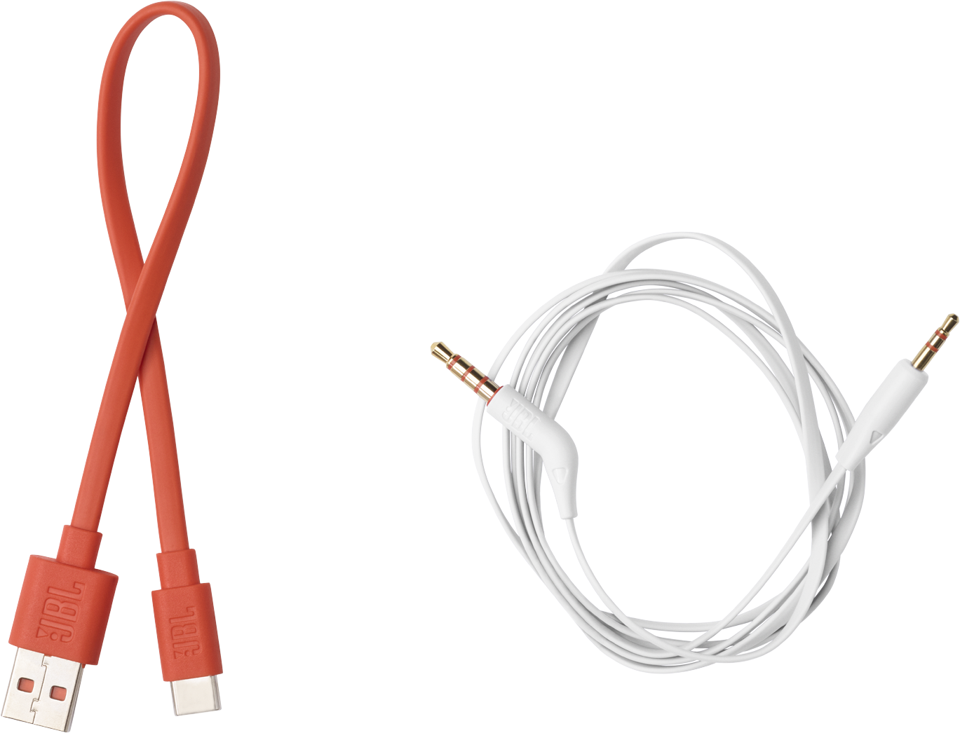 Deux câbles JBL, un câble rouge USB vers USB-C et un câble audio blanc de 3,5 mm.