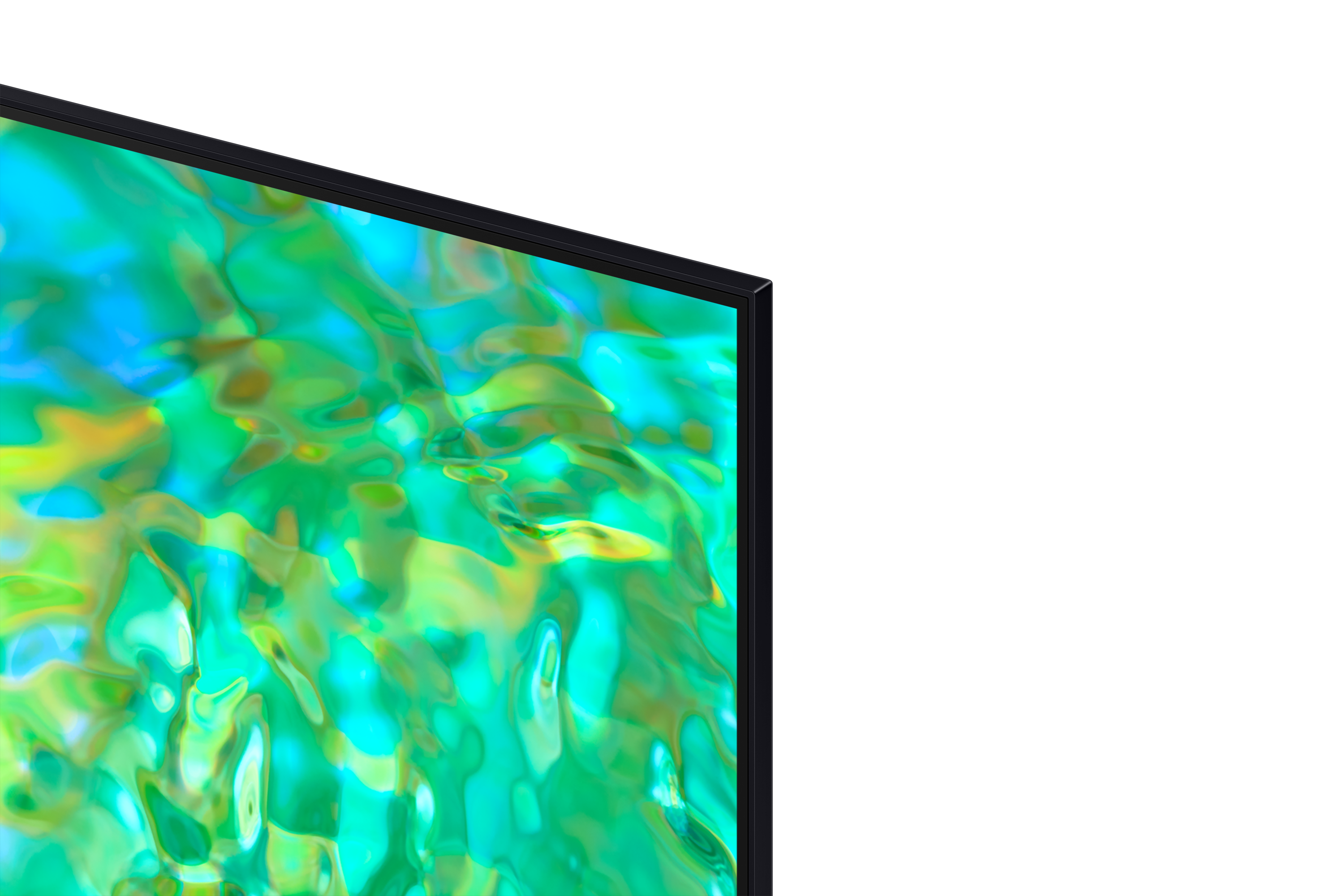 Nahaufnahme einer Ecke eines Fernsehers mit schwarzem Rahmen, schwarzem Hintergrund und grünen Elementen.