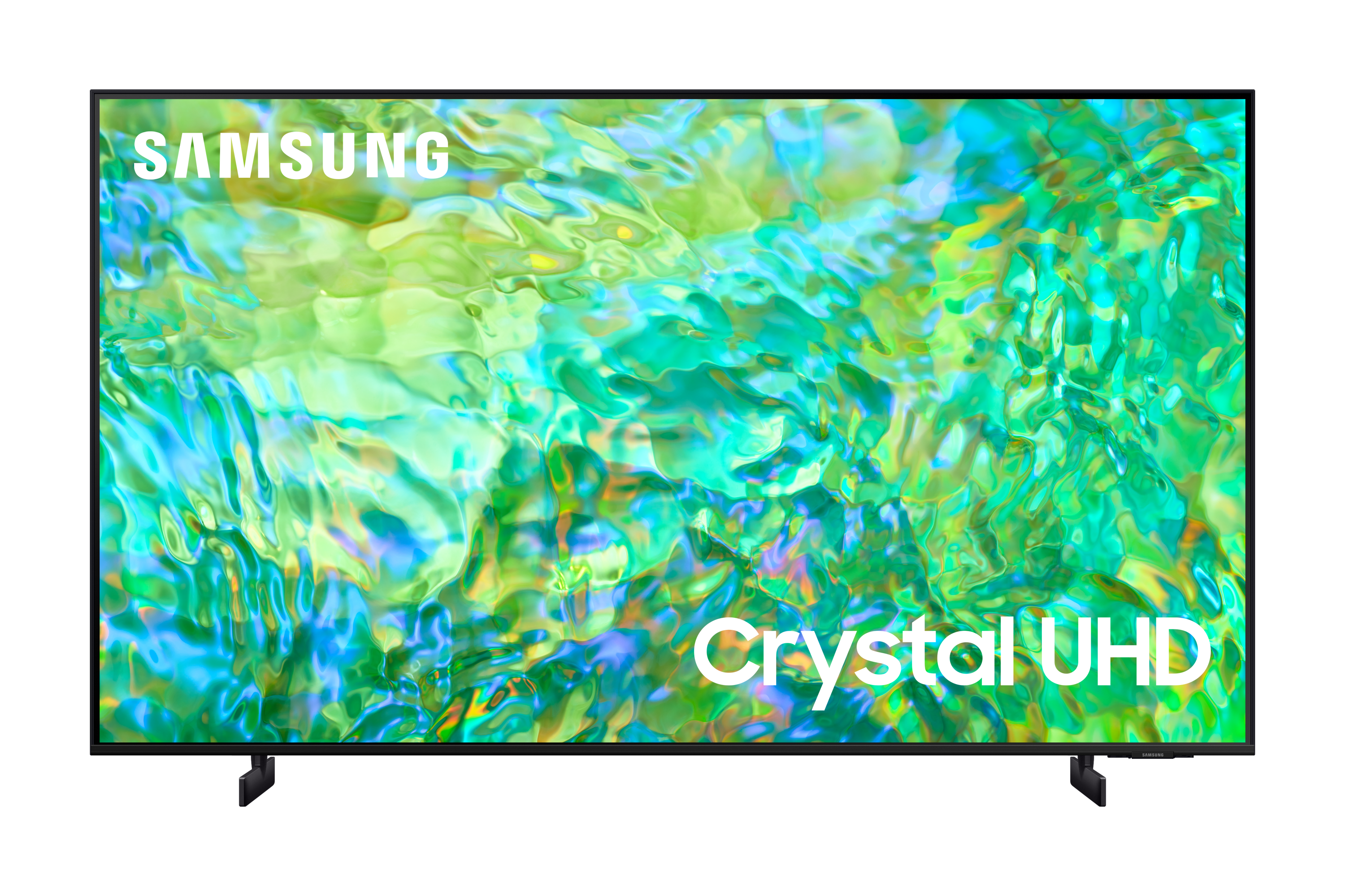 Samsung Crystal UHD TV mit grünem und gelbem Muster auf dem Bildschirm, schwarzer Rahmen und Ständer.