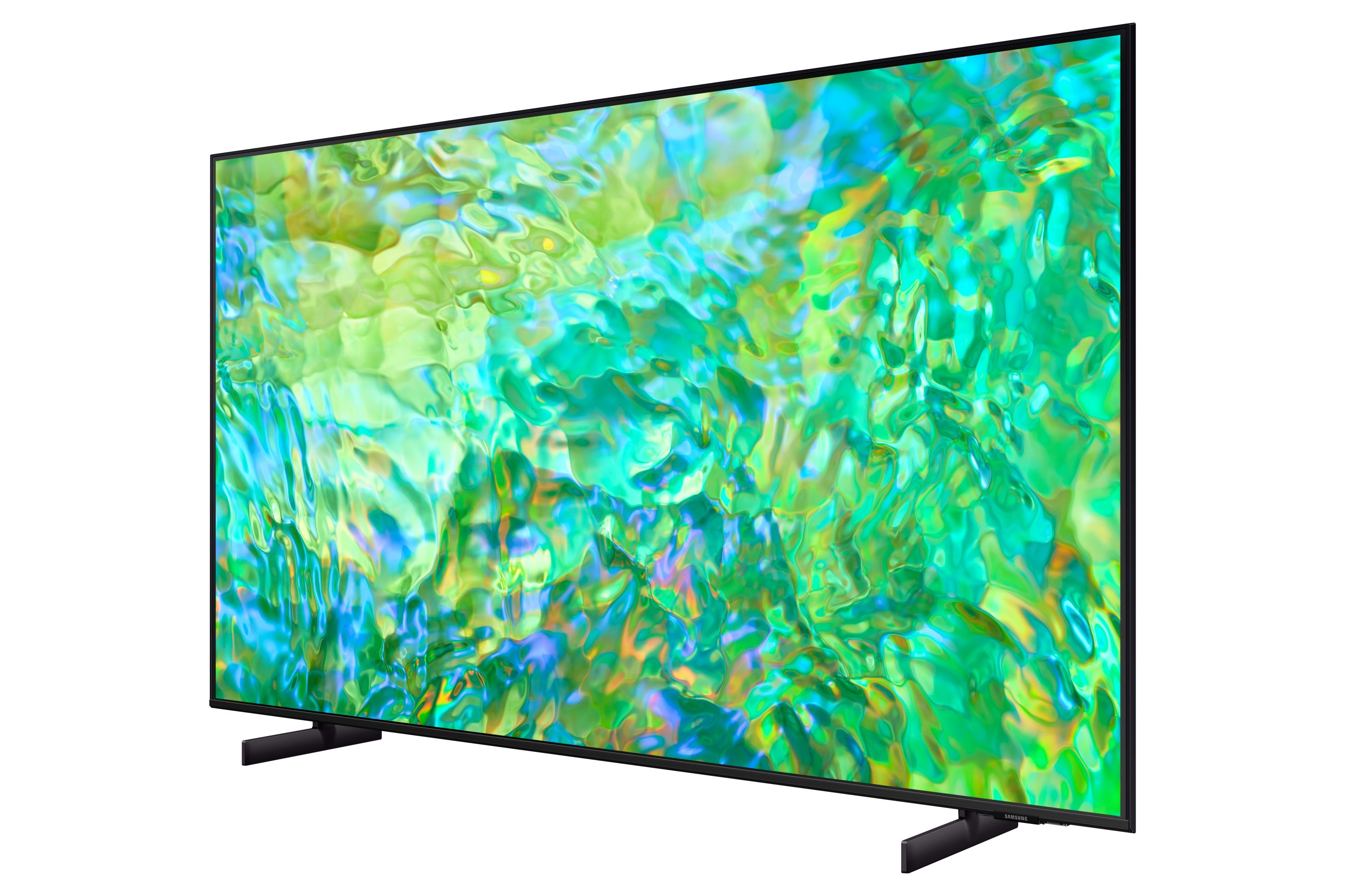 Großer schwarzer Fernseher mit grünem und blauem Bildschirm, zum Betrachter geneigt.