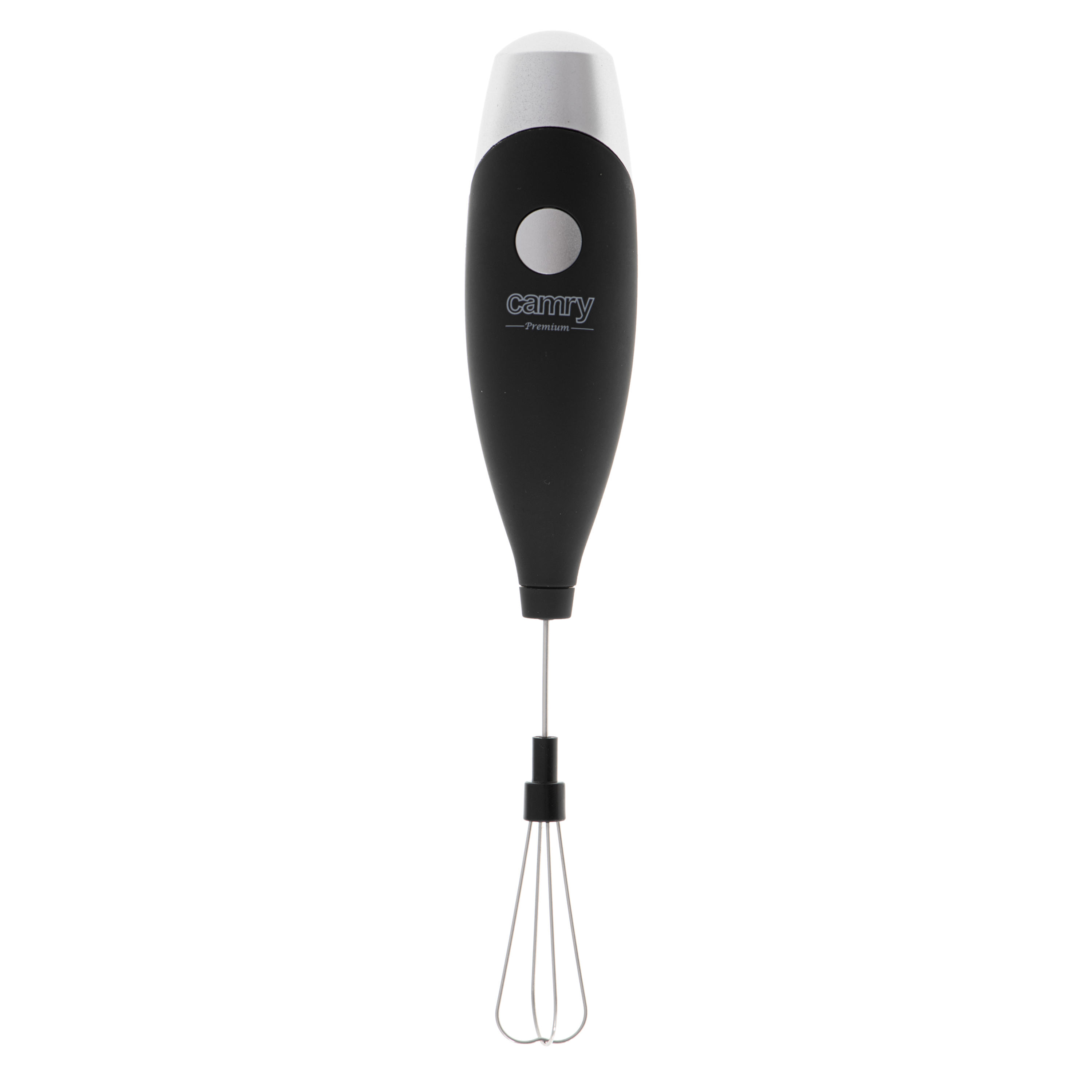 Fekete-ezüst kézi mixer fehér háttérrel. A habverő tartozék csatlakoztatva.