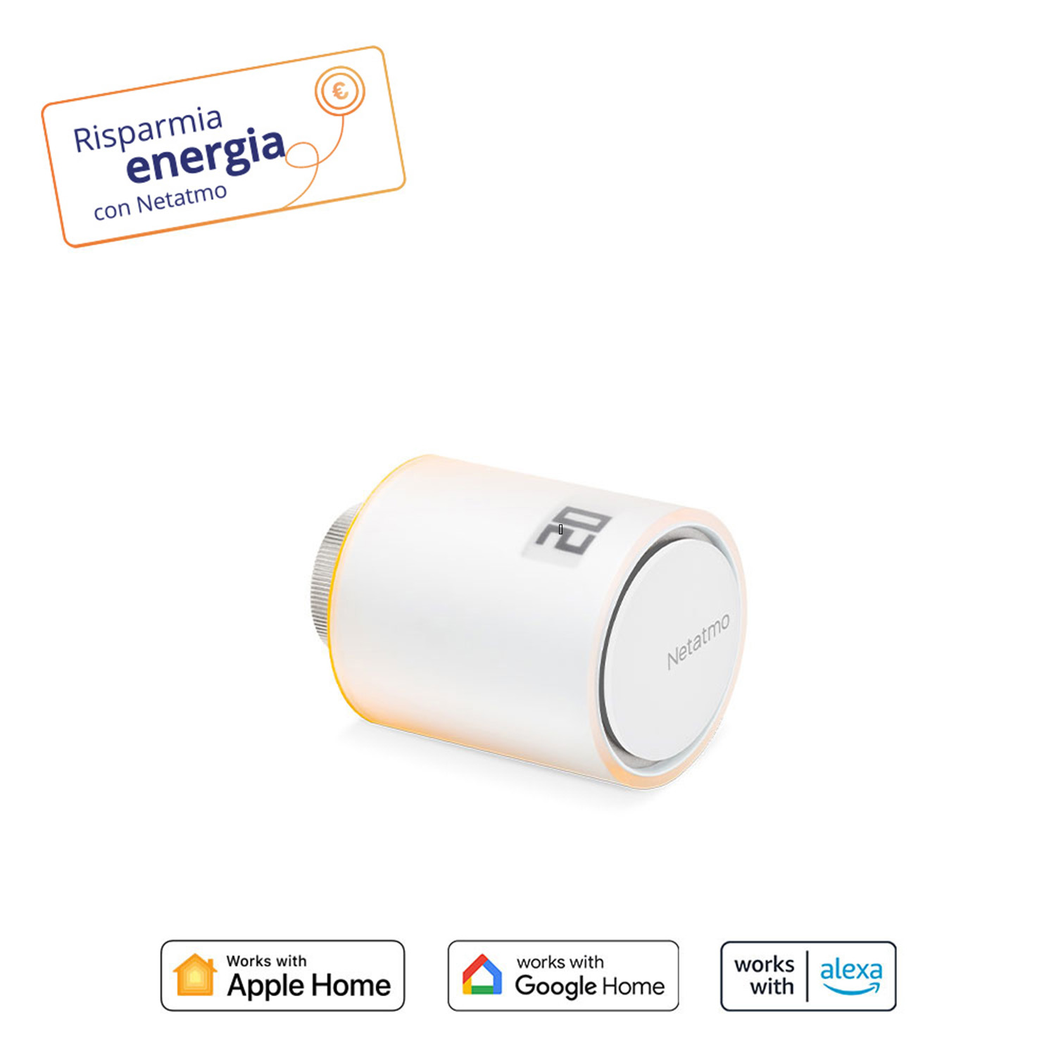 Termostato intelligente bianco con display, con loghi Apple Home, Google Home e Alexa.
