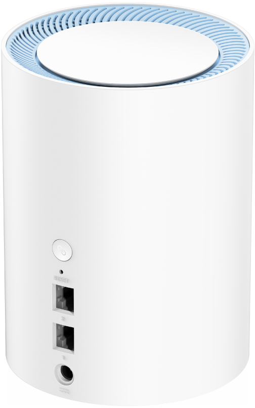Egy fehér hengeres router kék szellőzőkkel felül és egy gombbal hátul.