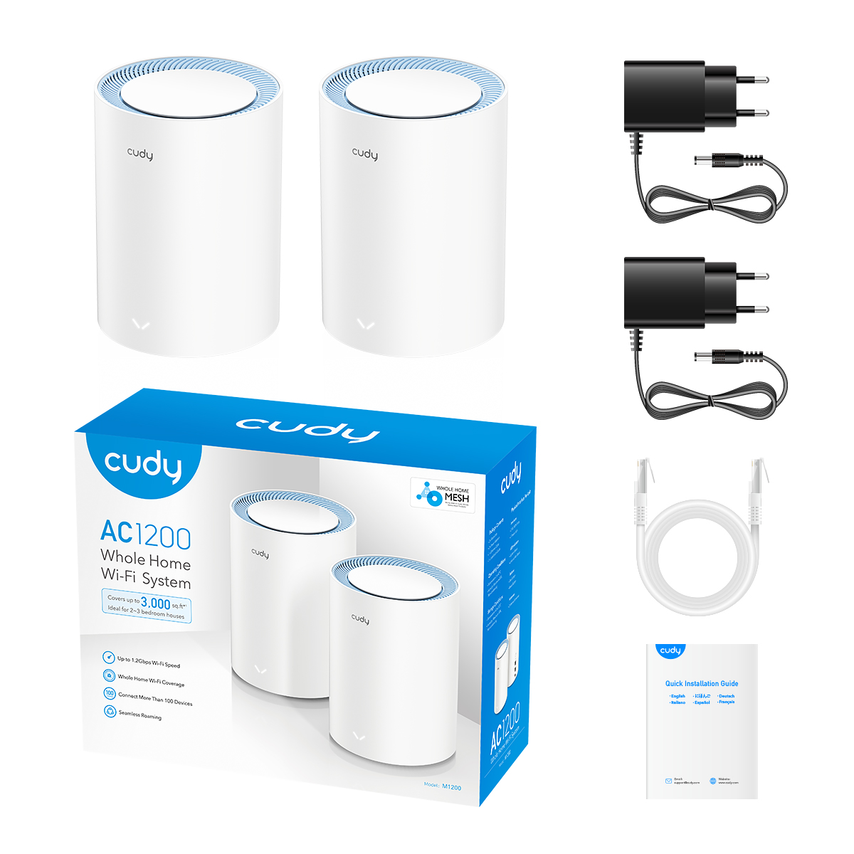 Két fehér, hengeres Wi-Fi router, egy doboz kettővel és kiegészítőkkel. Kék és fehér színvilág.
