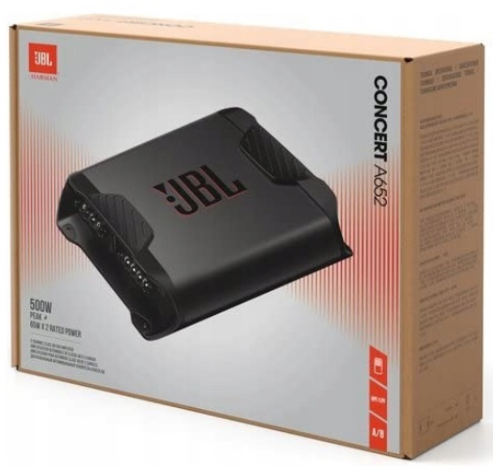 JBL autó audio erősítő doboza. Fekete erősítő elöl.