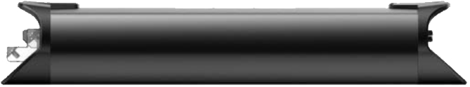 Fekete soundbar, henger alakú, ívelt végekkel, semleges háttér előtt.