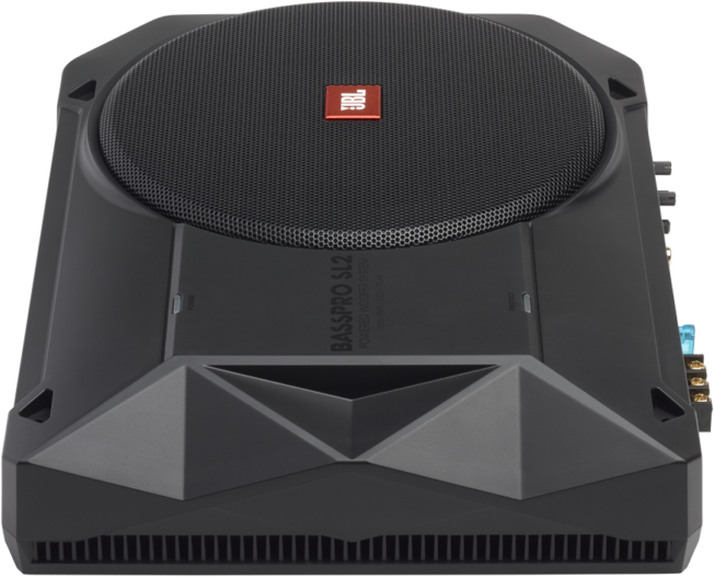 Fekete JBL Basspro SL2 mélynyomó. Fekete hálós rács és JBL logó.