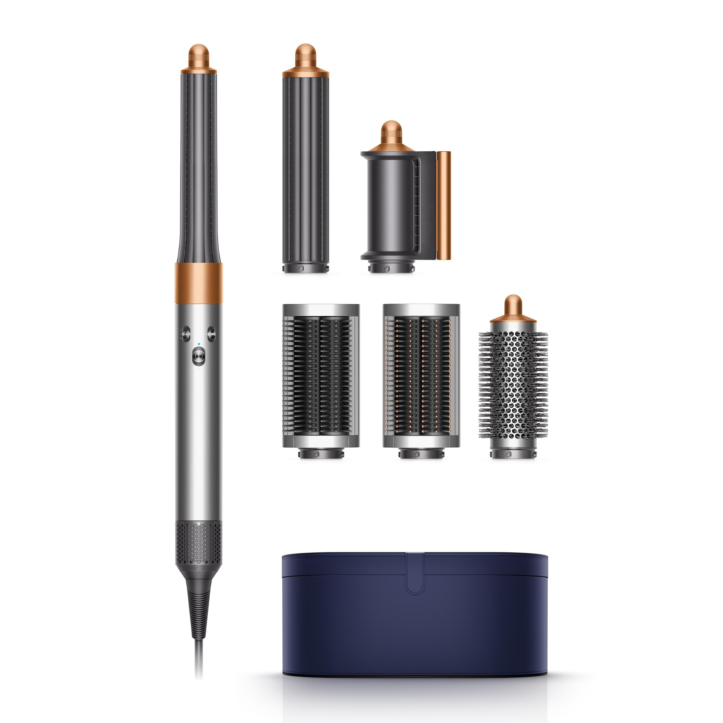 Dyson Haarstyling-Set, silber und kupferfarben, enthält Haupteinheit, Aufsätze und eine blaue Hülle.