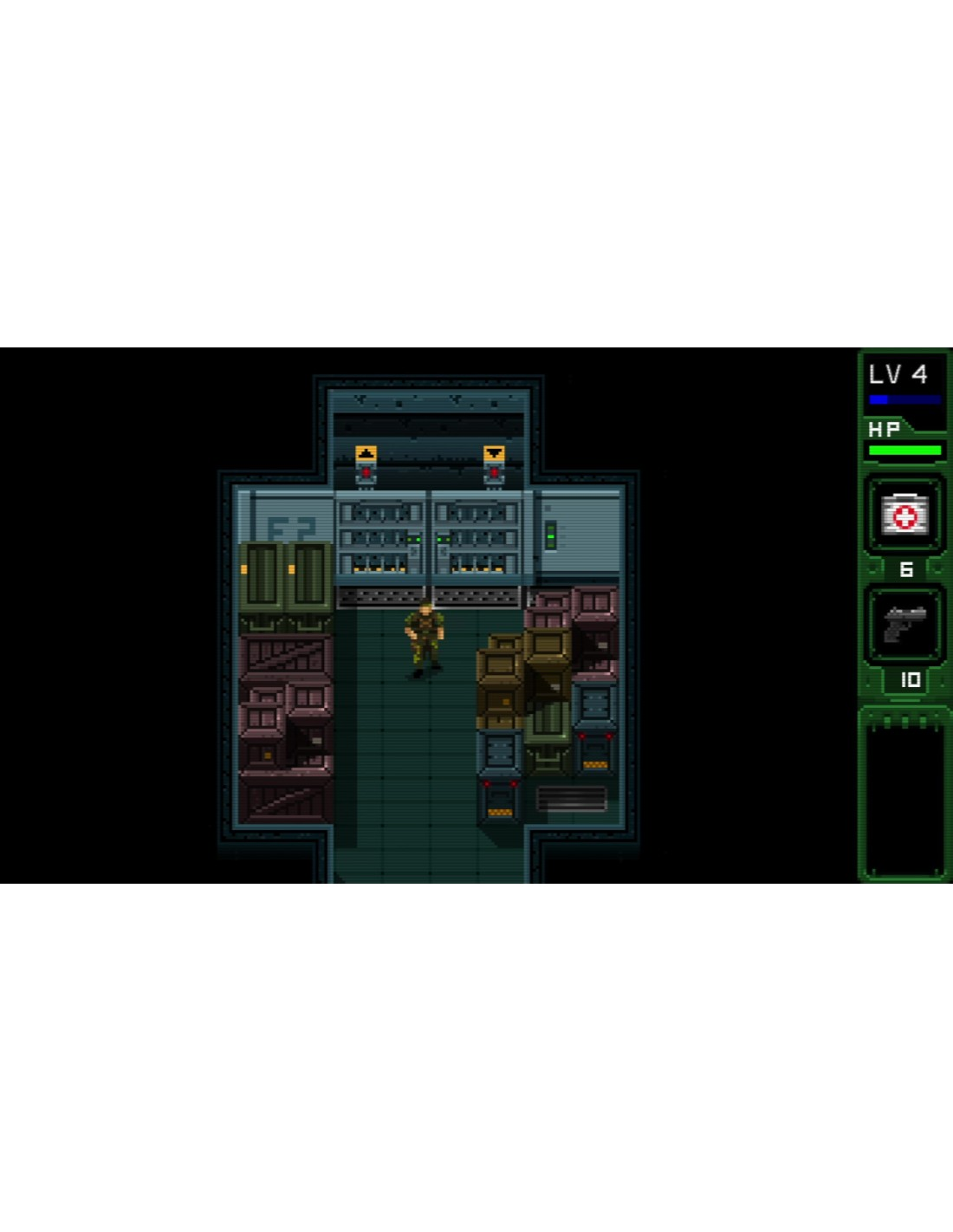 Vista desde arriba de una escena de videojuego pixelada con un personaje con atuendo verde.