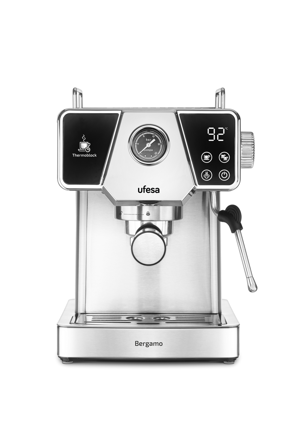 Cafetera express - Ufesa Bergamo, 20 bar, 1350 W, 1.8 l, 2 cafés, Inox