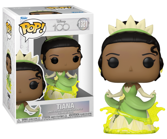 Figura Funko Pop de Tiana con vestido verde, con arte de caja.