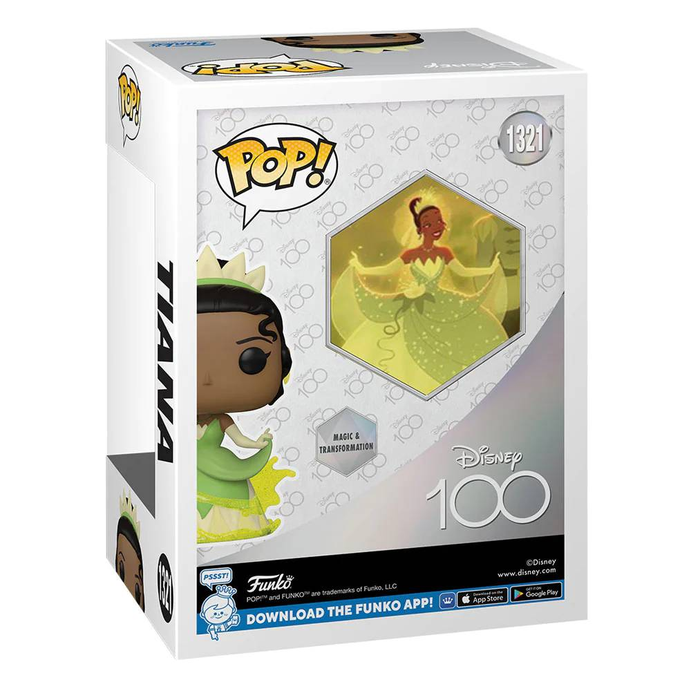 Caja Funko Pop de Tiana. La figura es visible, junto con el arte de la caja del personaje y el logotipo.