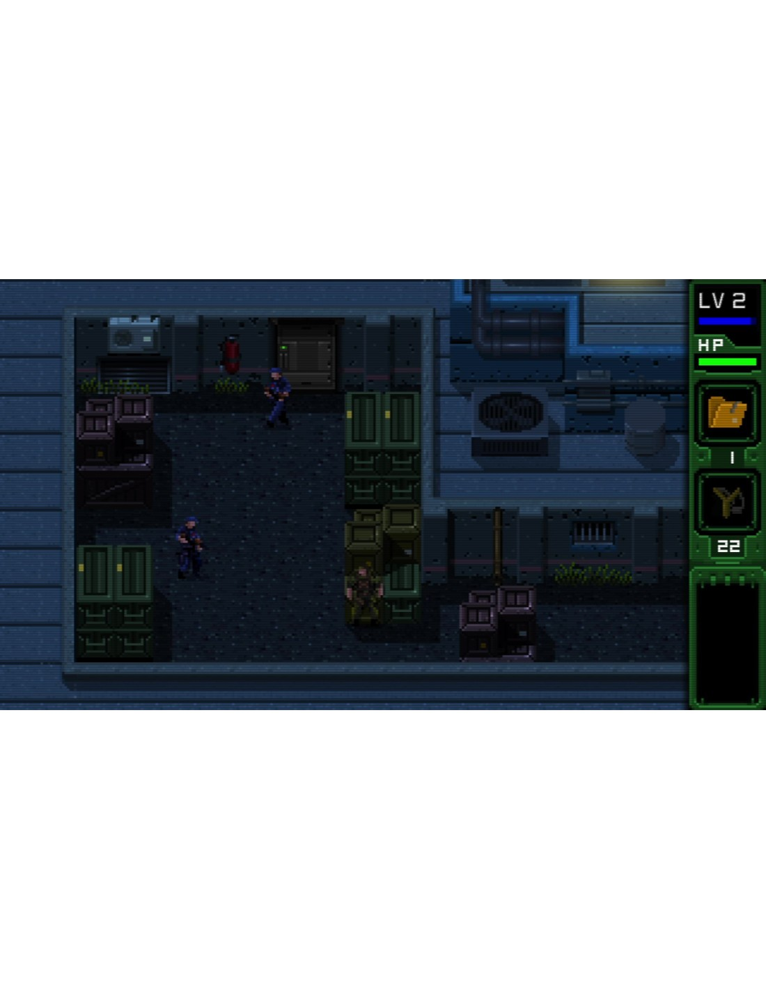 Vista desde arriba de una escena de juego pixelada con personajes en un edificio.